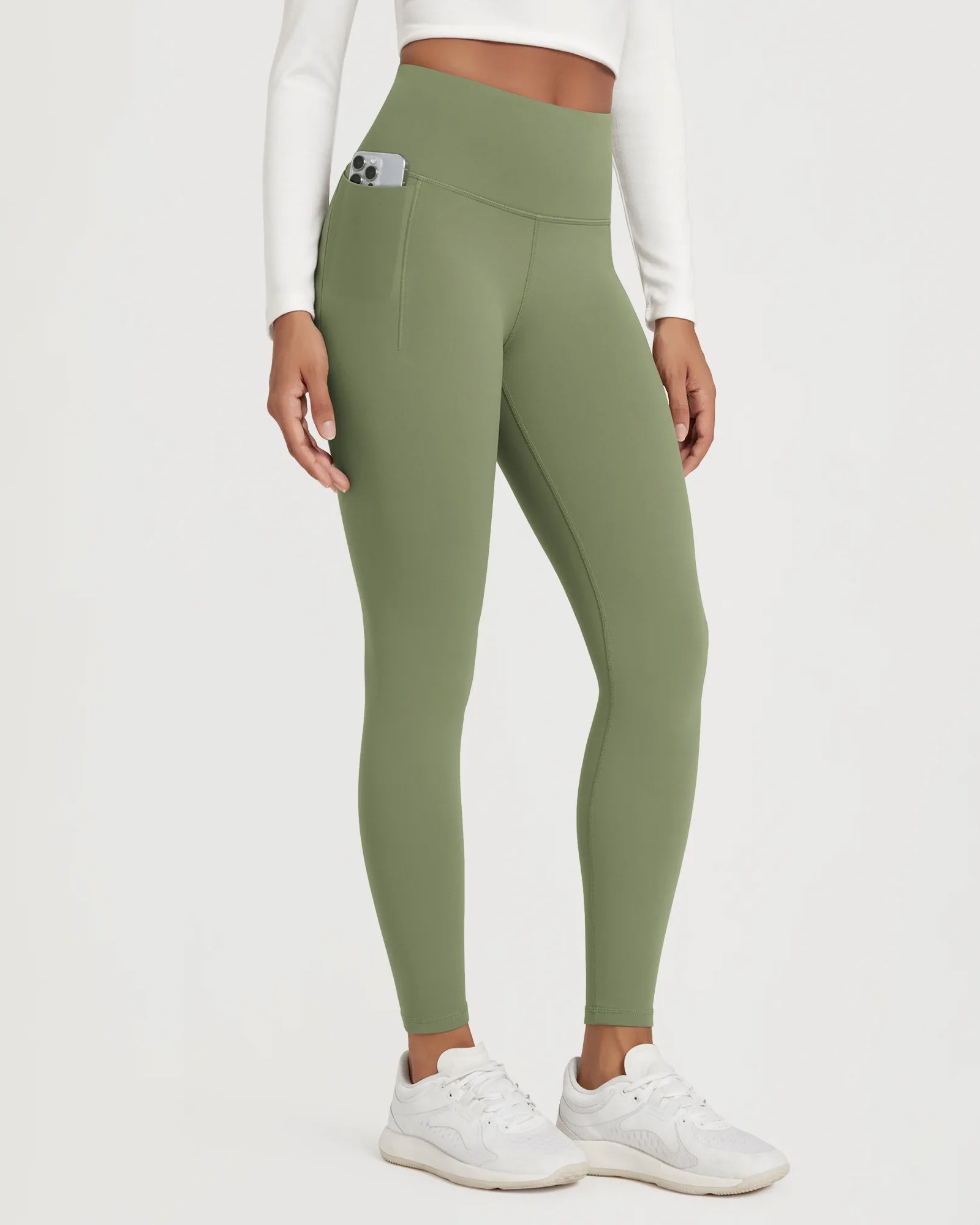 25" Fleece Lined Leggings with Pockets in olive green, stylish and functional for everyday wear.