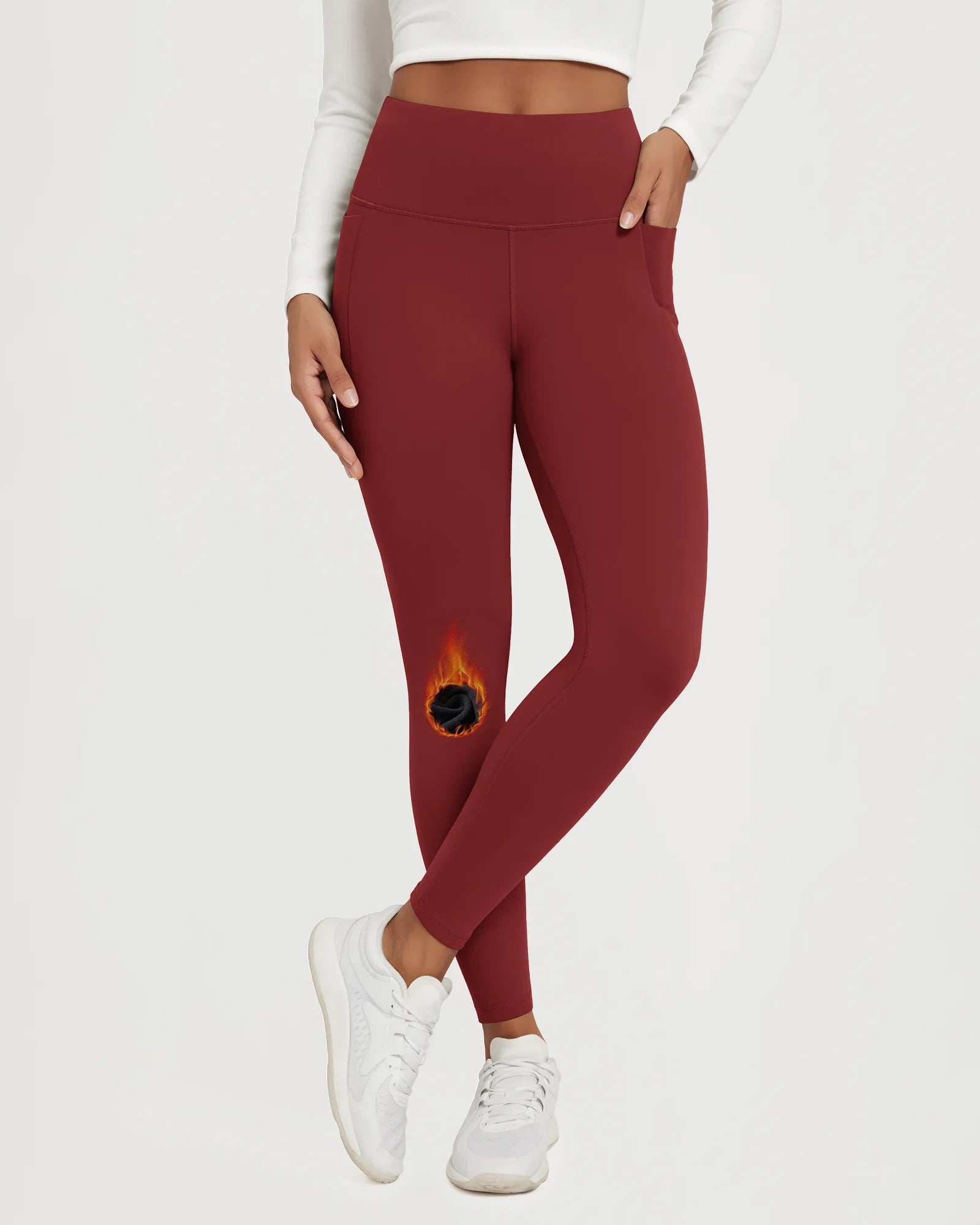 25" Fleece Lined Leggings with Pockets in maroon featuring a unique fire detail on the leg.