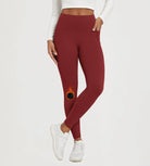 25" Fleece Lined Leggings with Pockets in maroon featuring a unique fire detail on the leg.