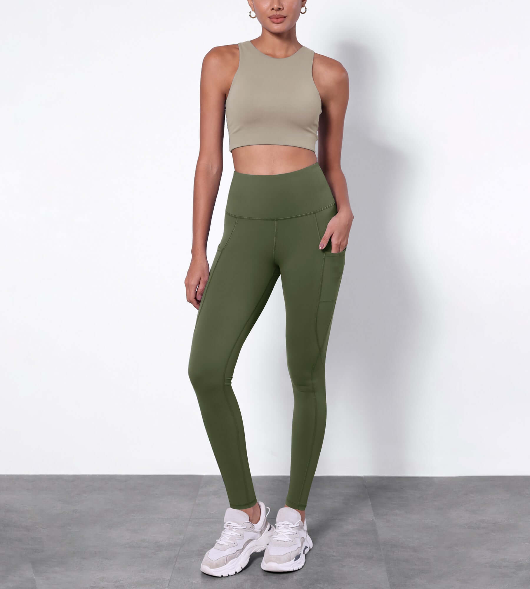 28 Fleece Lined Leggings with Pockets Dark Olive - ododos