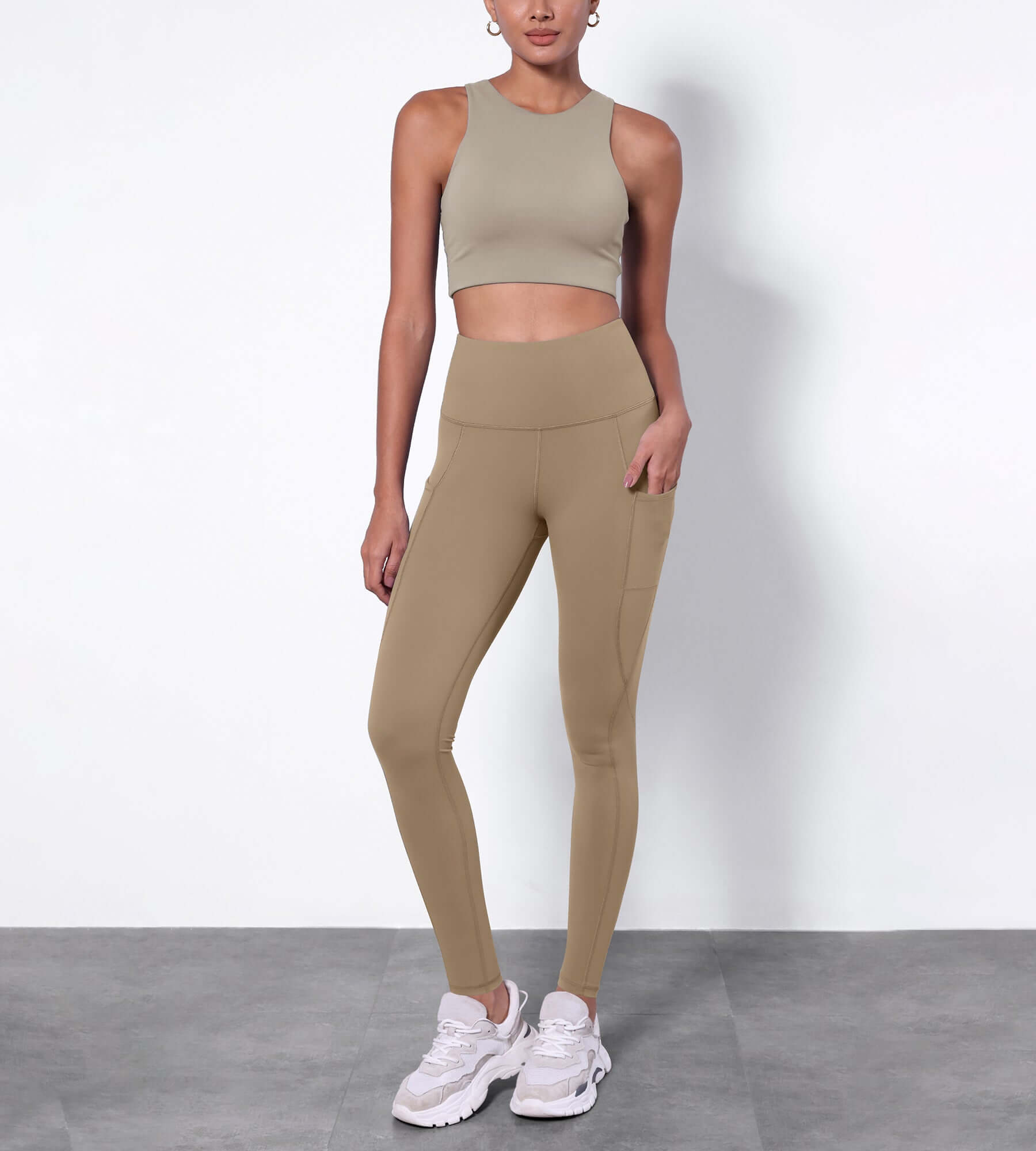 28 Fleece Lined Leggings with Pockets Light Brown - ododos