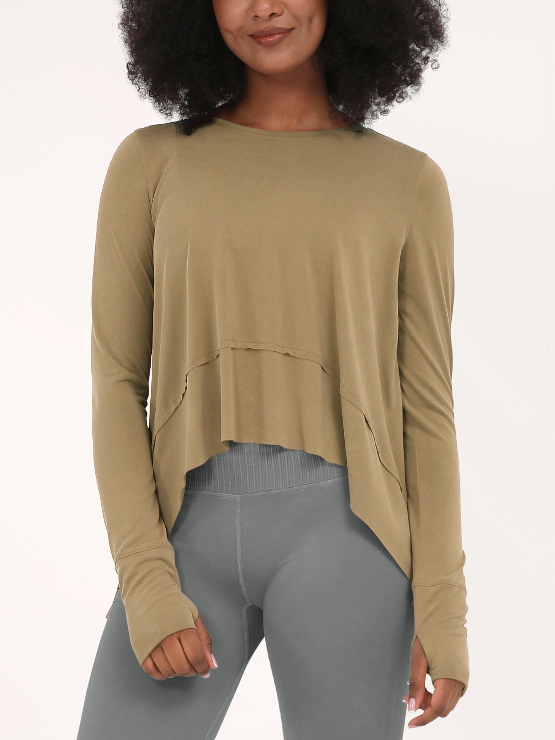 Long Sleeve Gym Yoga Shirts Warm Tan - ododos