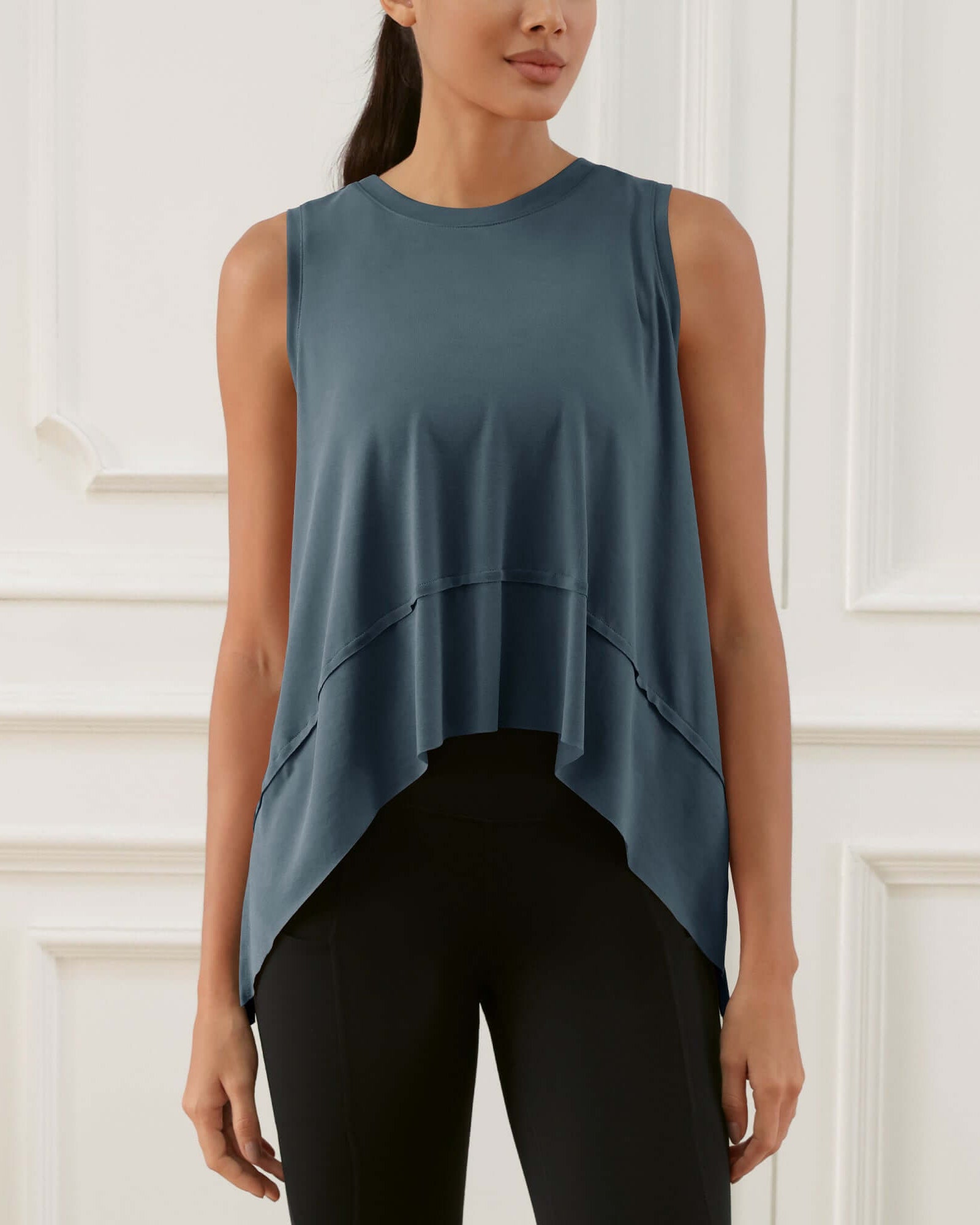 Modal Soft Sleeveless Cropped Yoga Tank (Long) Dark Blue-washed - ododos