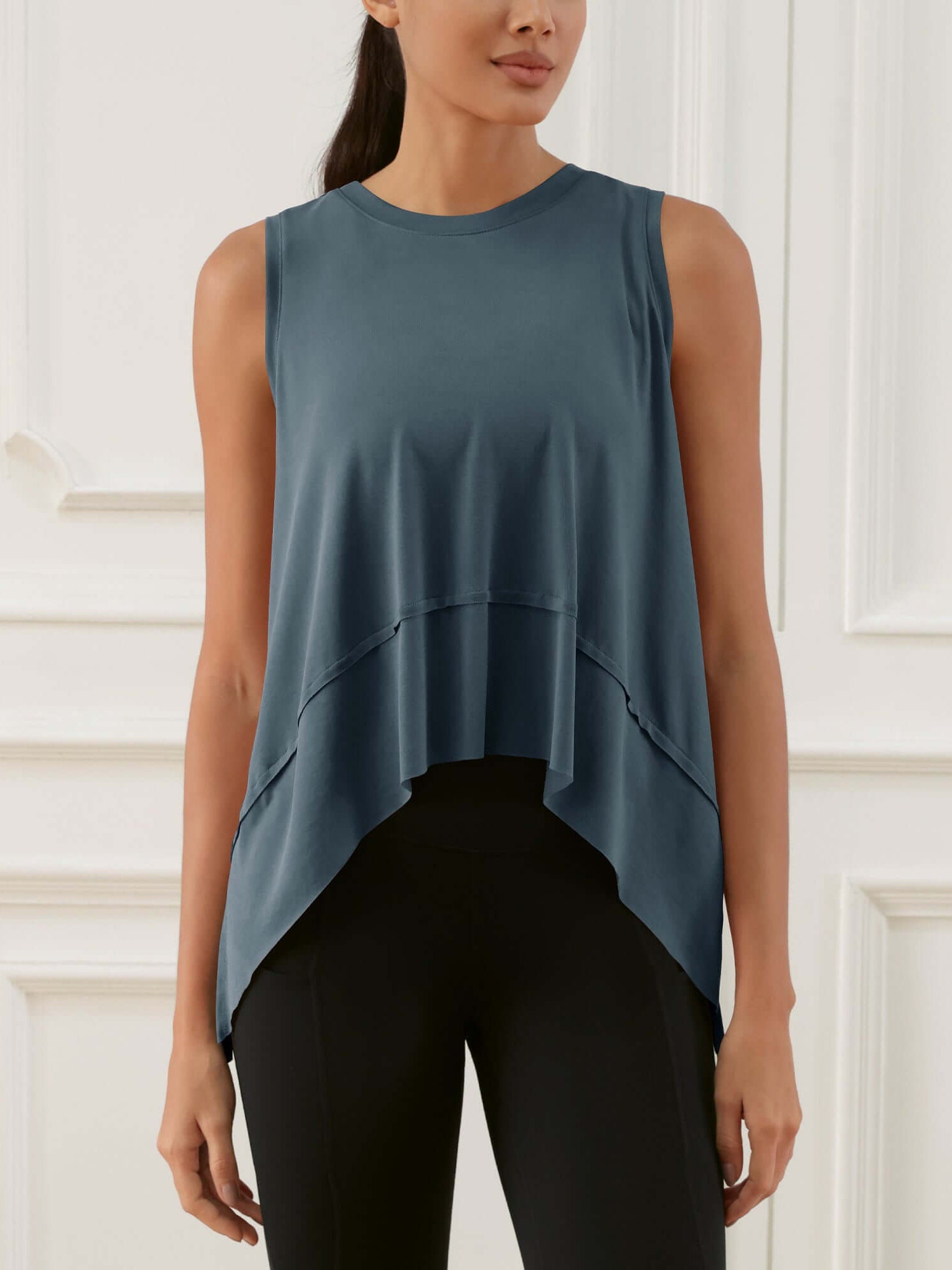 Modal Soft Sleeveless Cropped Yoga Tank (Long) Dark Blue-washed - ododos