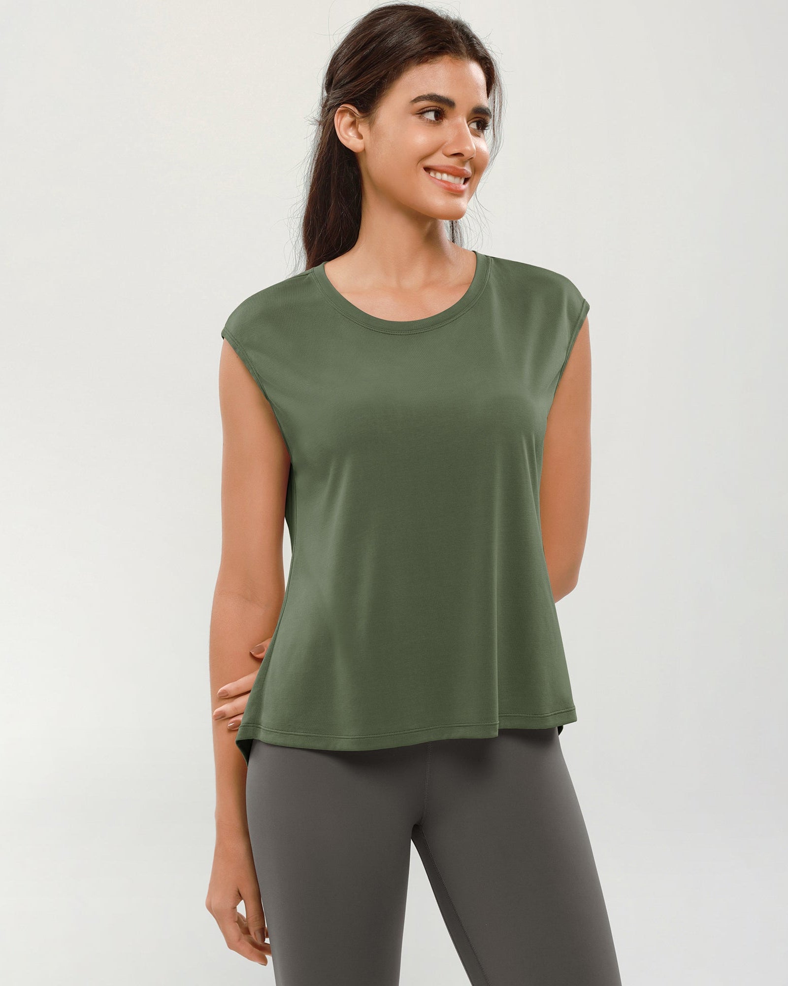 Modal Soft Crew Neck Yoga Summer Flowy Workout Sleeveless Shirts Army Green - ododos