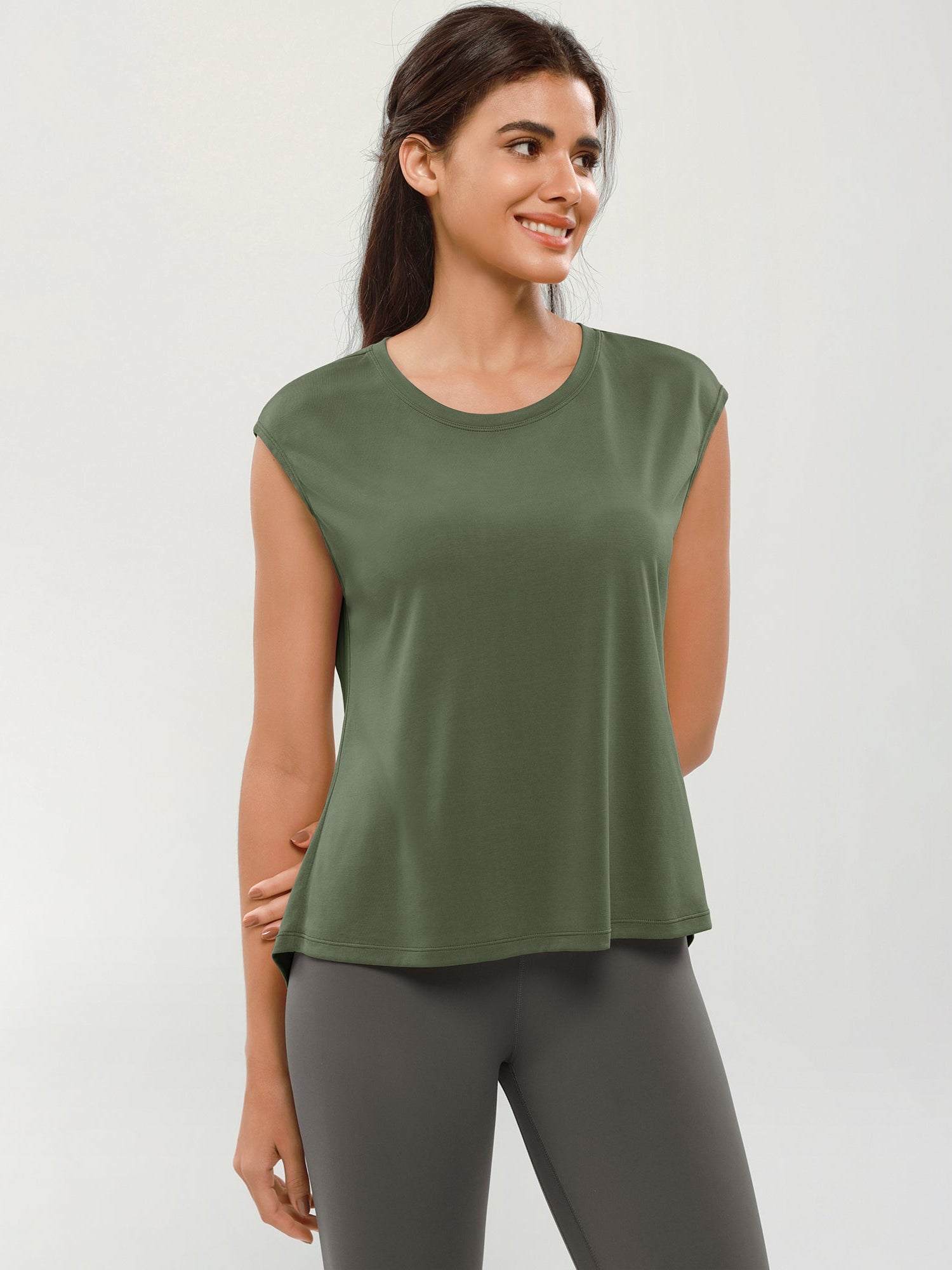 Modal Soft Crew Neck Yoga Summer Flowy Workout Sleeveless Shirts Army Green - ododos