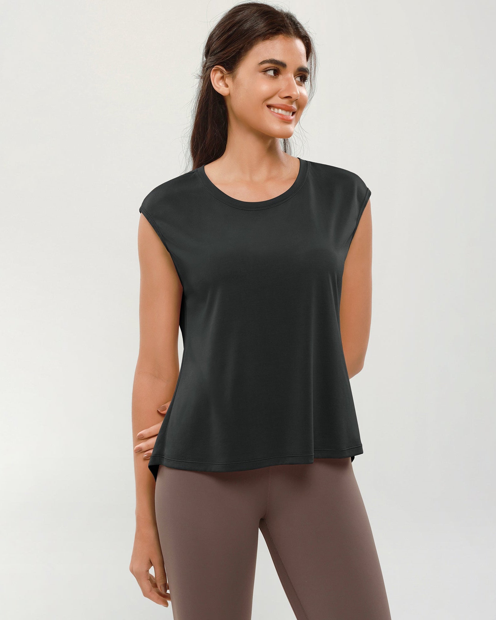 Modal Soft Crew Neck Yoga Summer Flowy Workout Sleeveless Shirts Black - ododos