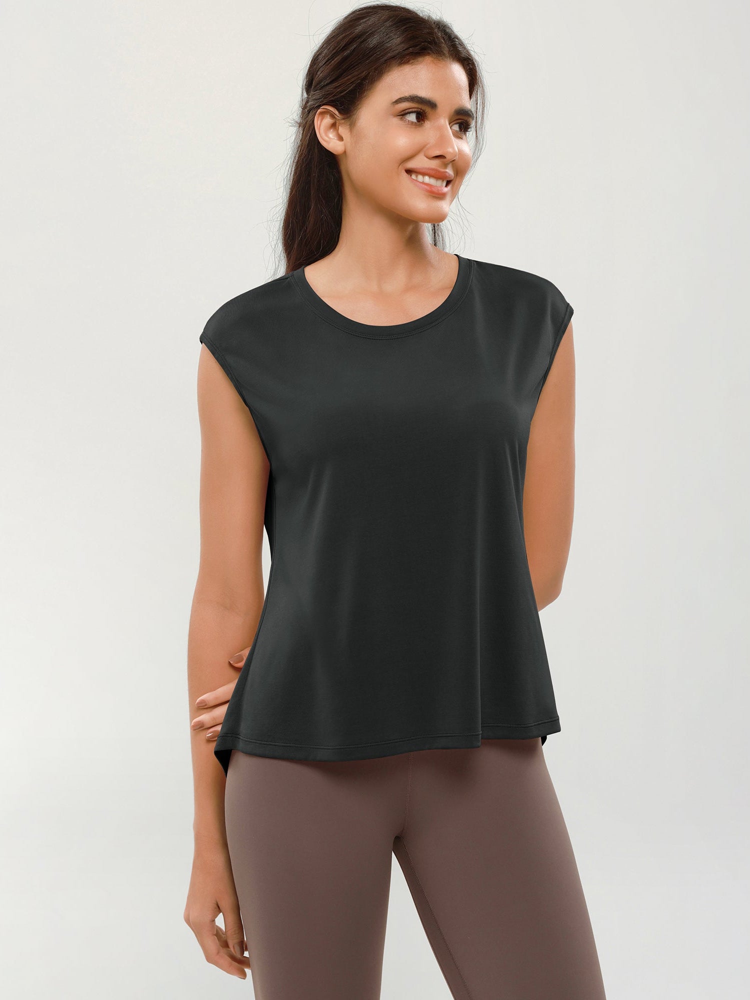 Modal Soft Crew Neck Yoga Summer Flowy Workout Sleeveless Shirts Black - ododos