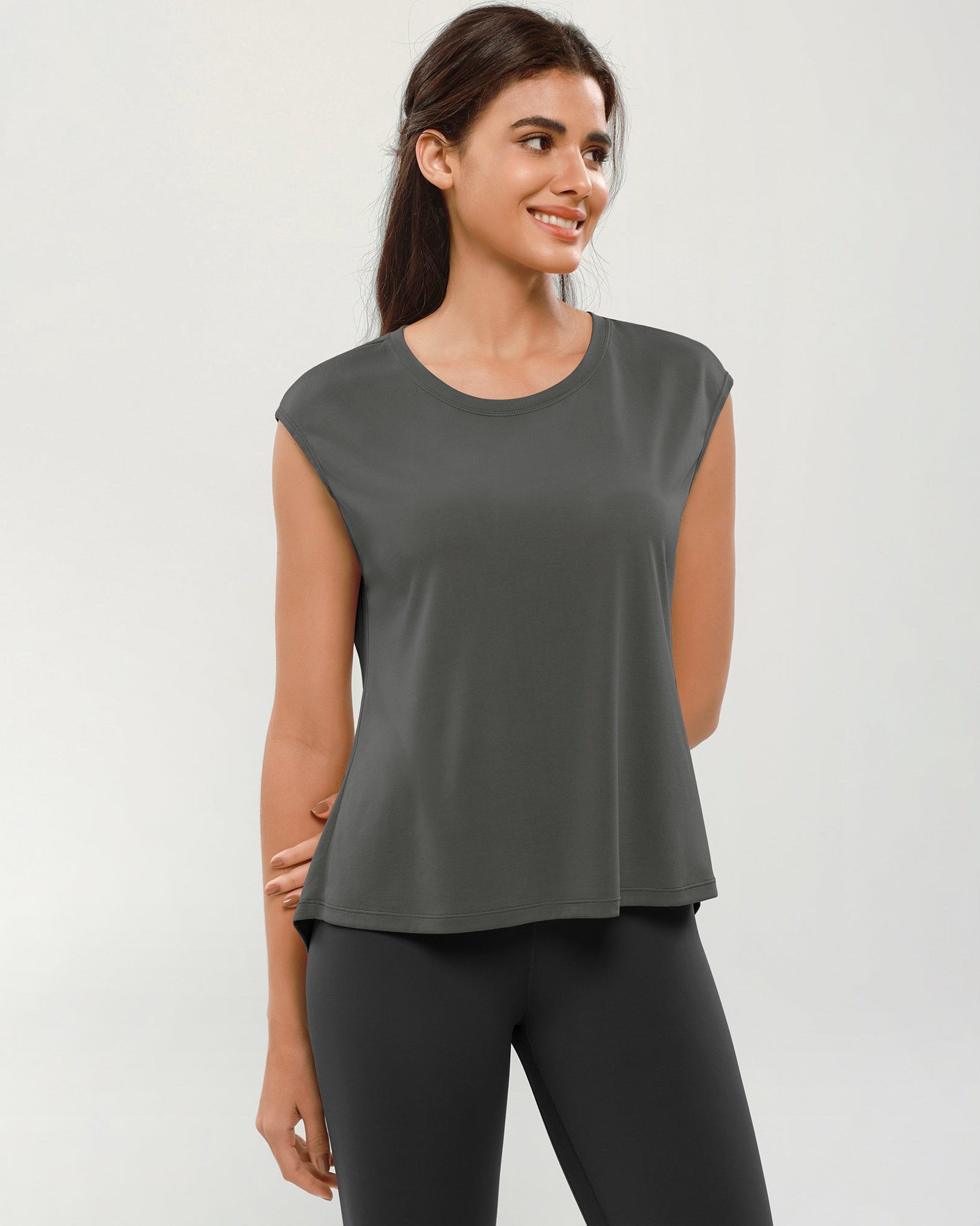 Modal Soft Crew Neck Yoga Summer Flowy Workout Sleeveless Shirts Charcoal - ododos
