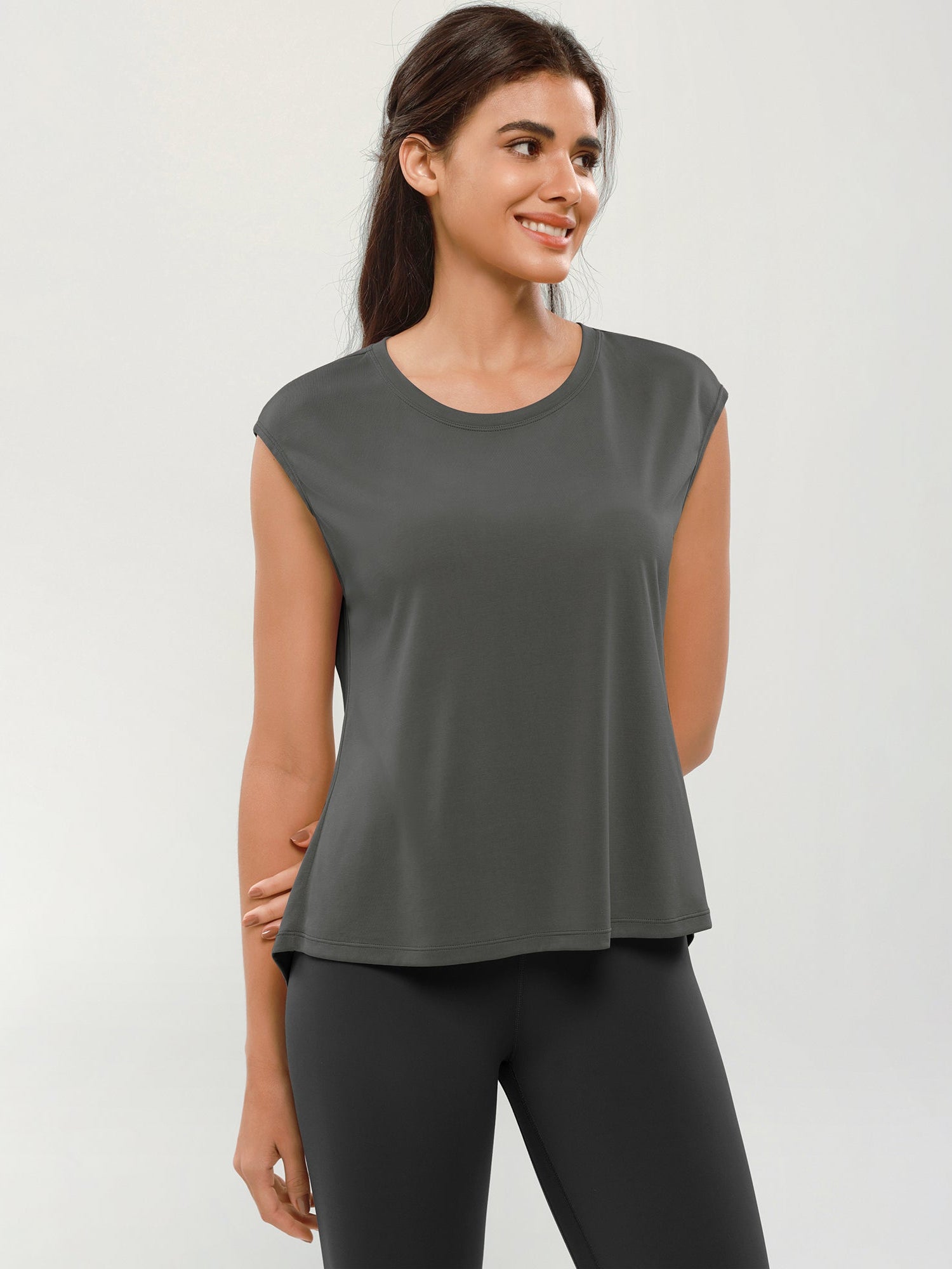 Modal Soft Crew Neck Yoga Summer Flowy Workout Sleeveless Shirts Charcoal - ododos