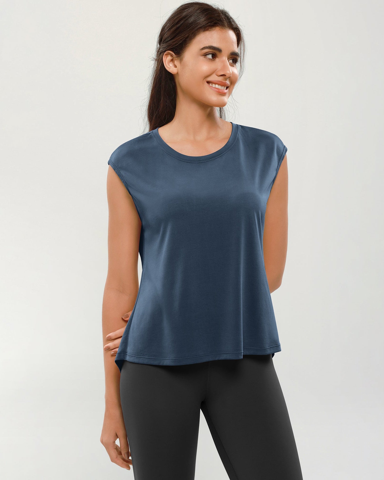 Modal Soft Crew Neck Yoga Summer Flowy Workout Sleeveless Shirts Dark Blue - ododos