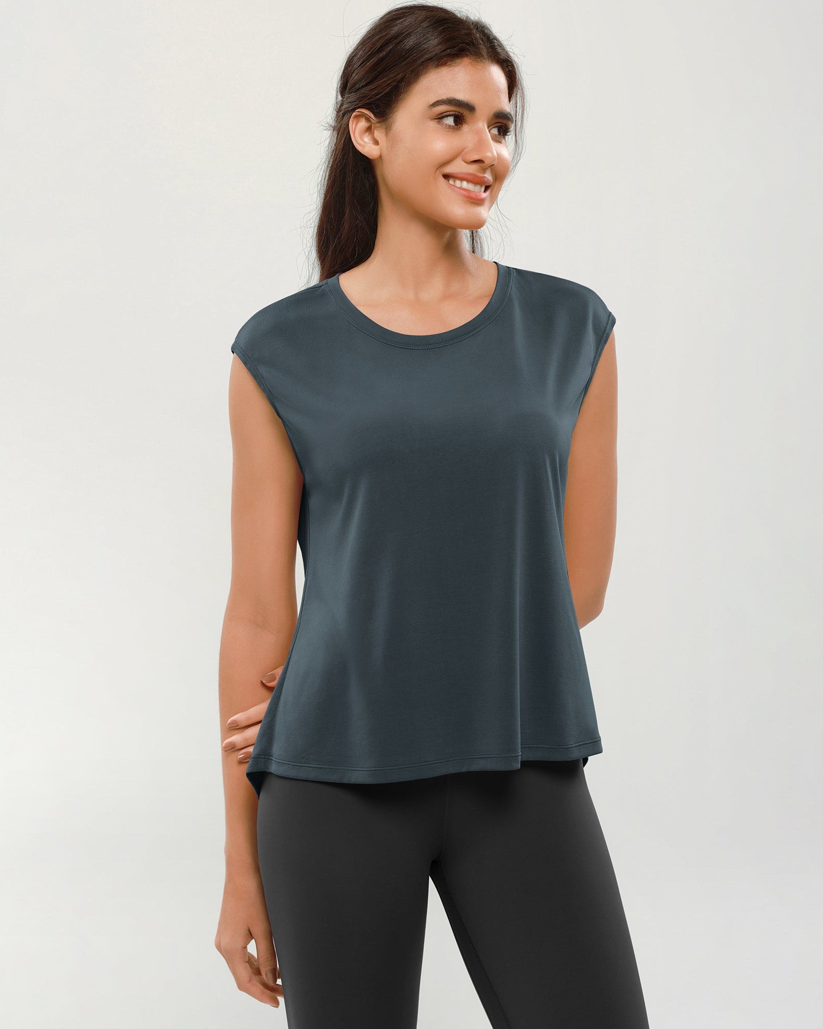 Modal Soft Crew Neck Yoga Summer Flowy Workout Sleeveless Shirts Deep Teal - ododos