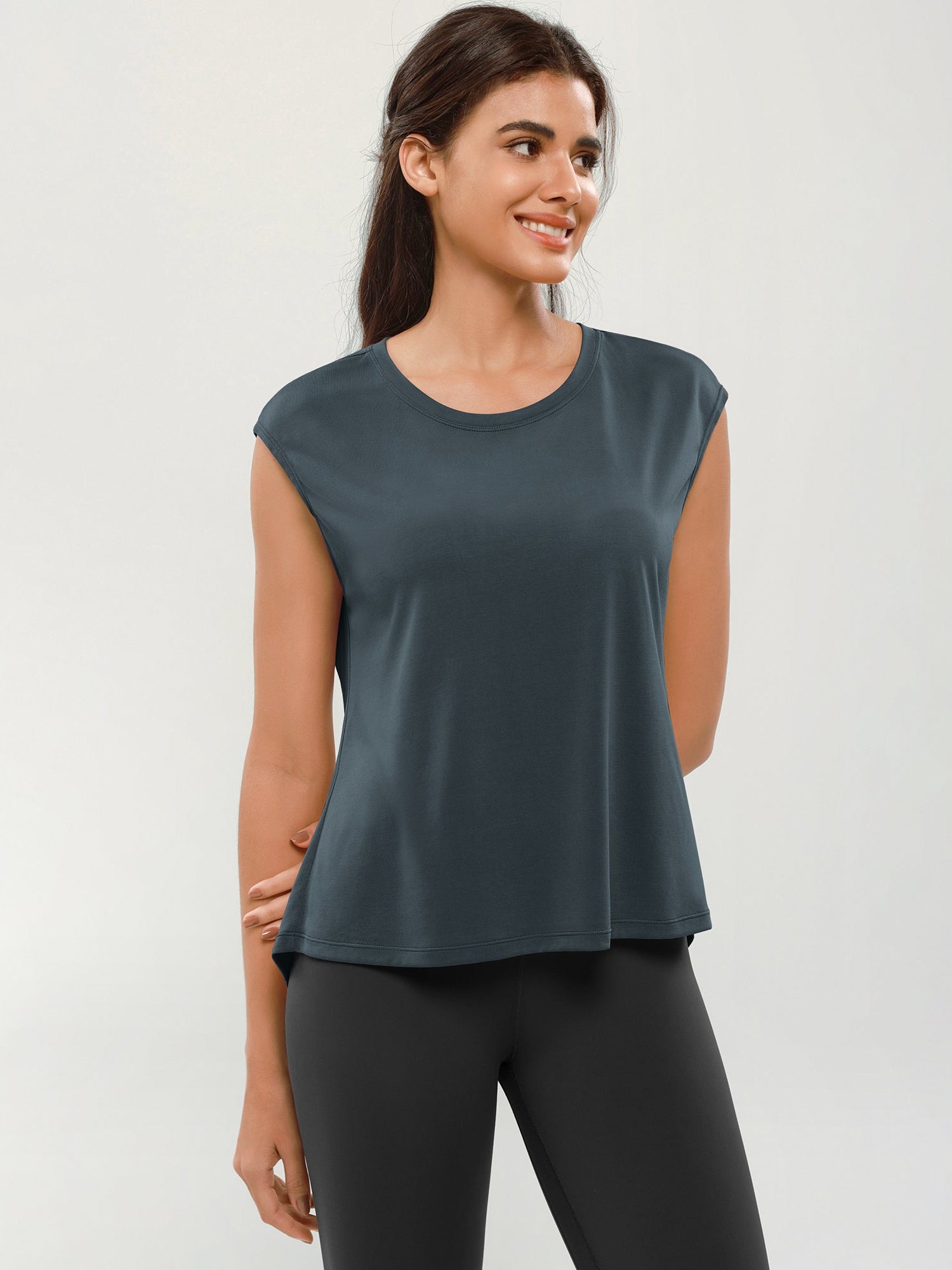 Modal Soft Crew Neck Yoga Summer Flowy Workout Sleeveless Shirts Deep Teal - ododos