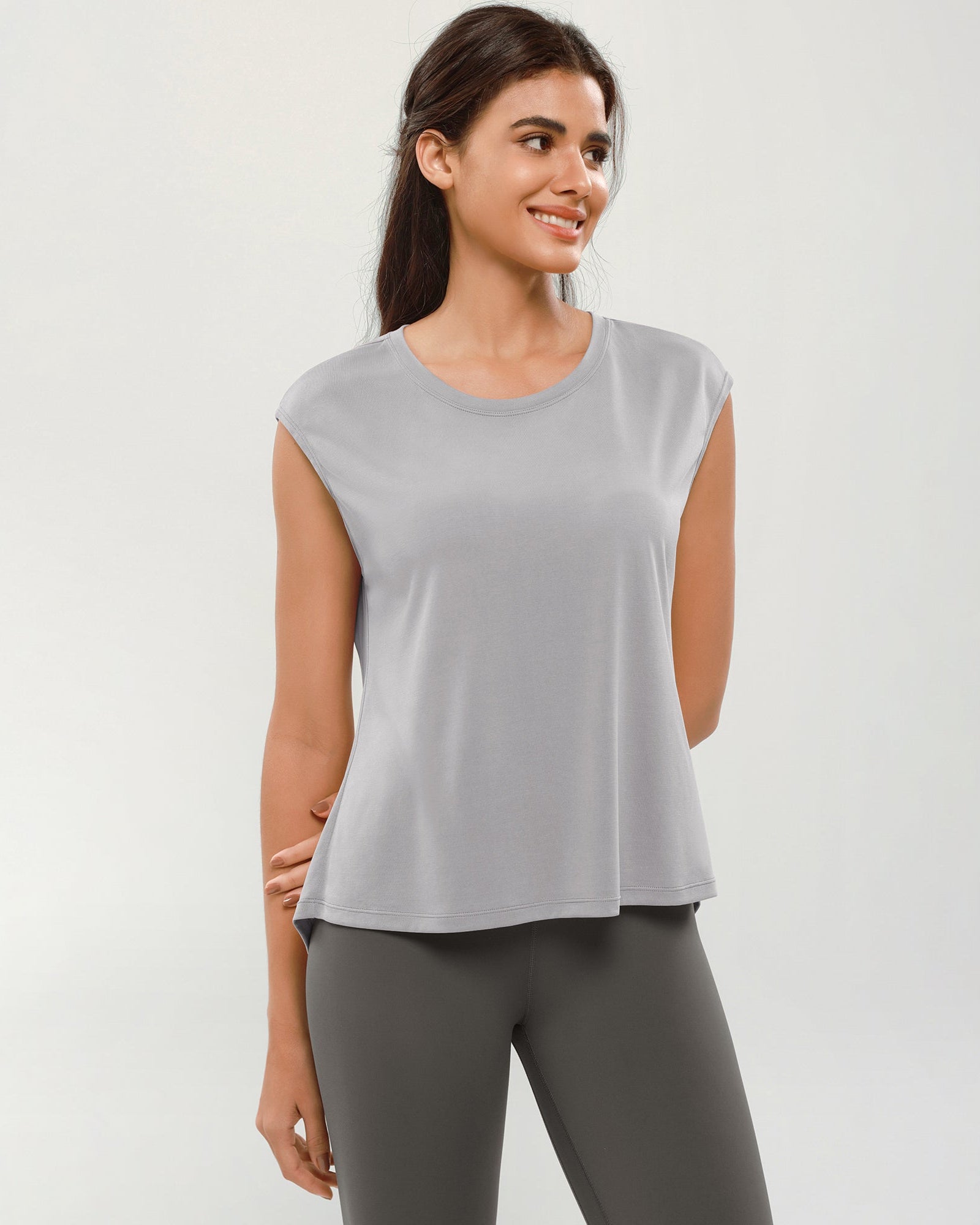 Modal Soft Crew Neck Yoga Summer Flowy Workout Sleeveless Shirts Light Grey - ododos