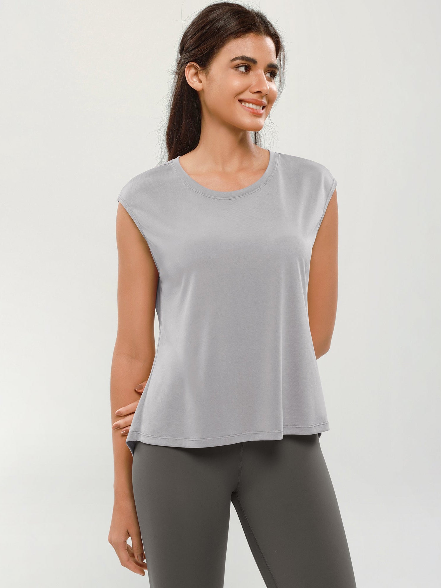 Modal Soft Crew Neck Yoga Summer Flowy Workout Sleeveless Shirts Light Grey - ododos