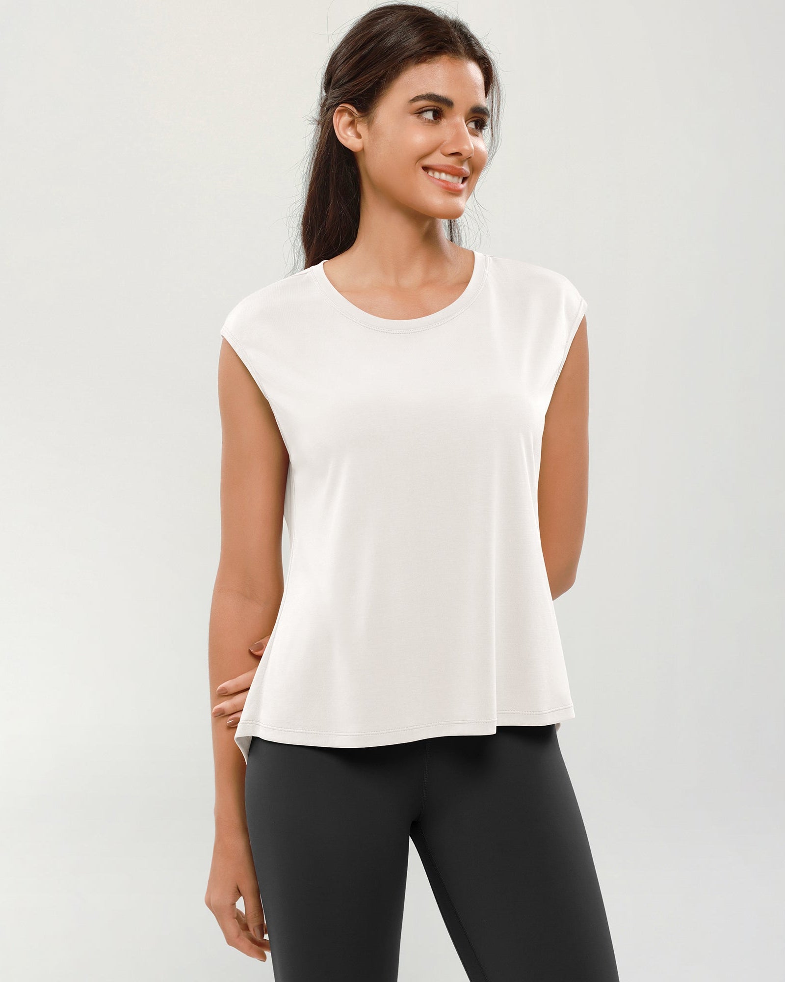 Modal Soft Crew Neck Yoga Summer Flowy Workout Sleeveless Shirts White - ododos
