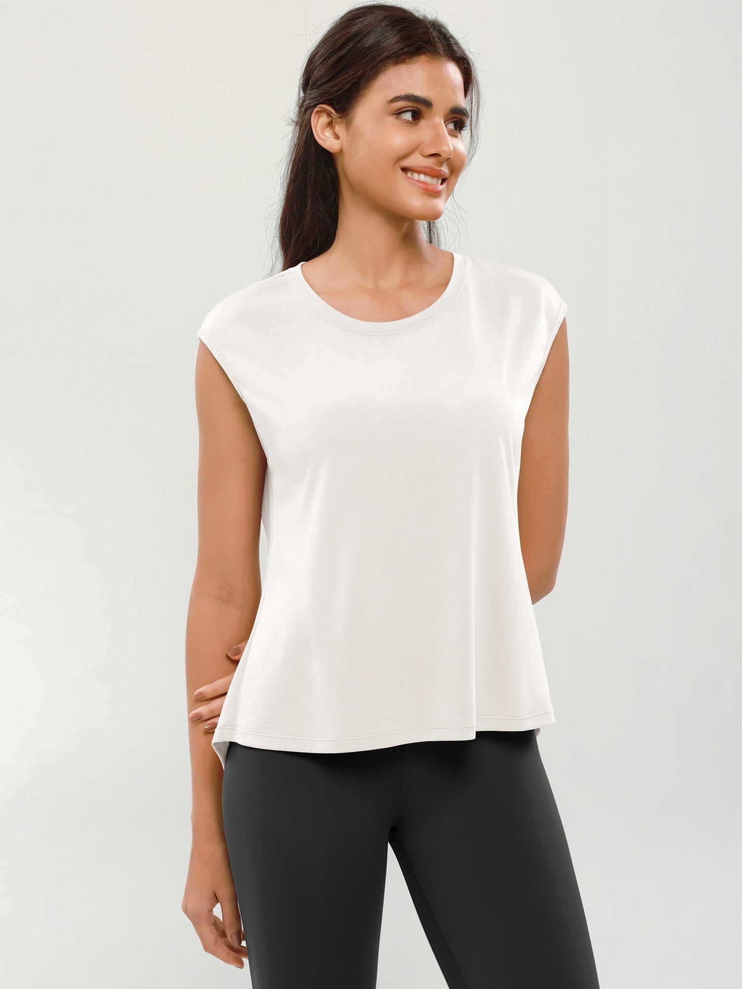Modal Soft Crew Neck Yoga Summer Flowy Workout Sleeveless Shirts White - ododos
