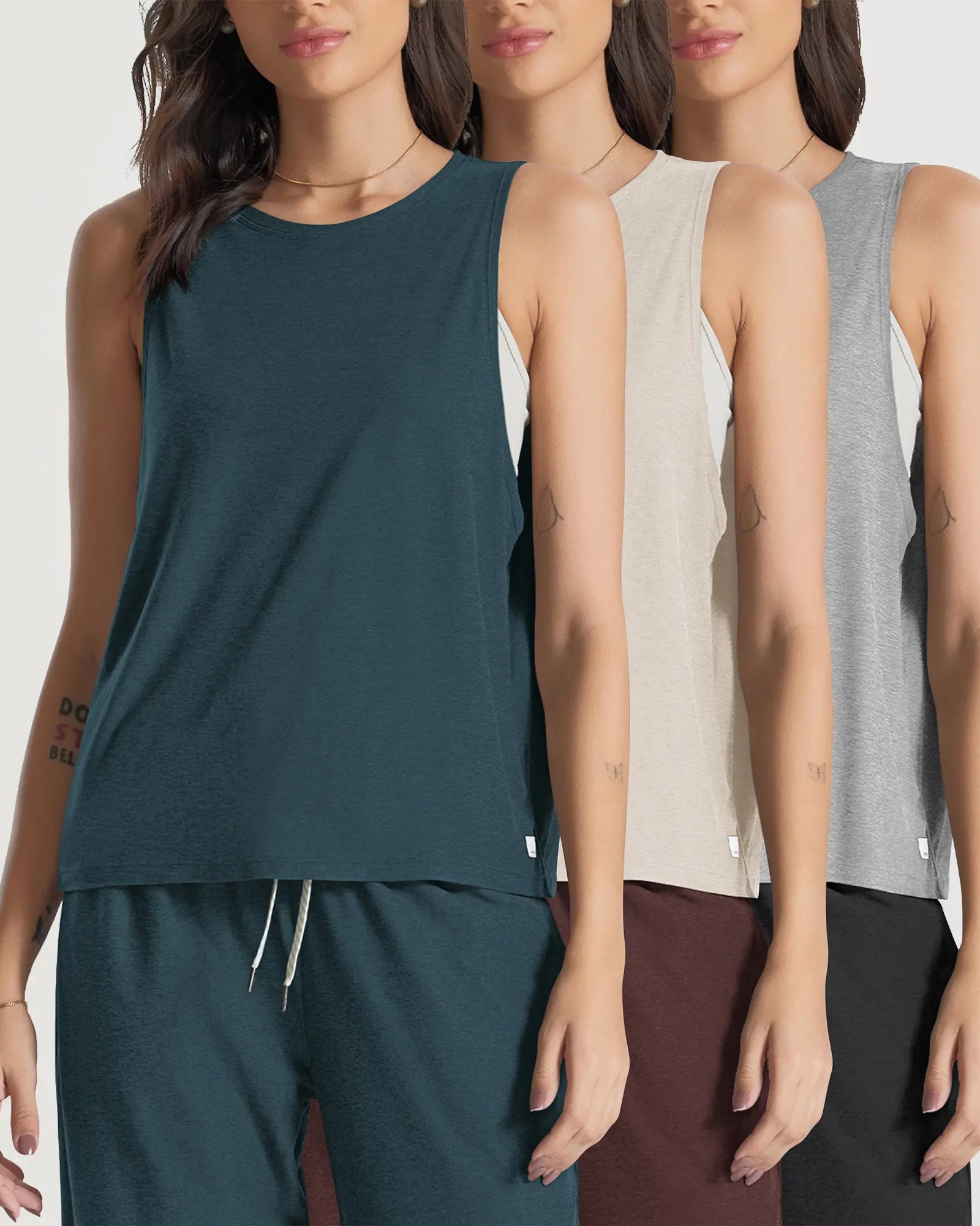 ODODOS Stratum loose tank tops in three colors, perfect for summer workout wear.