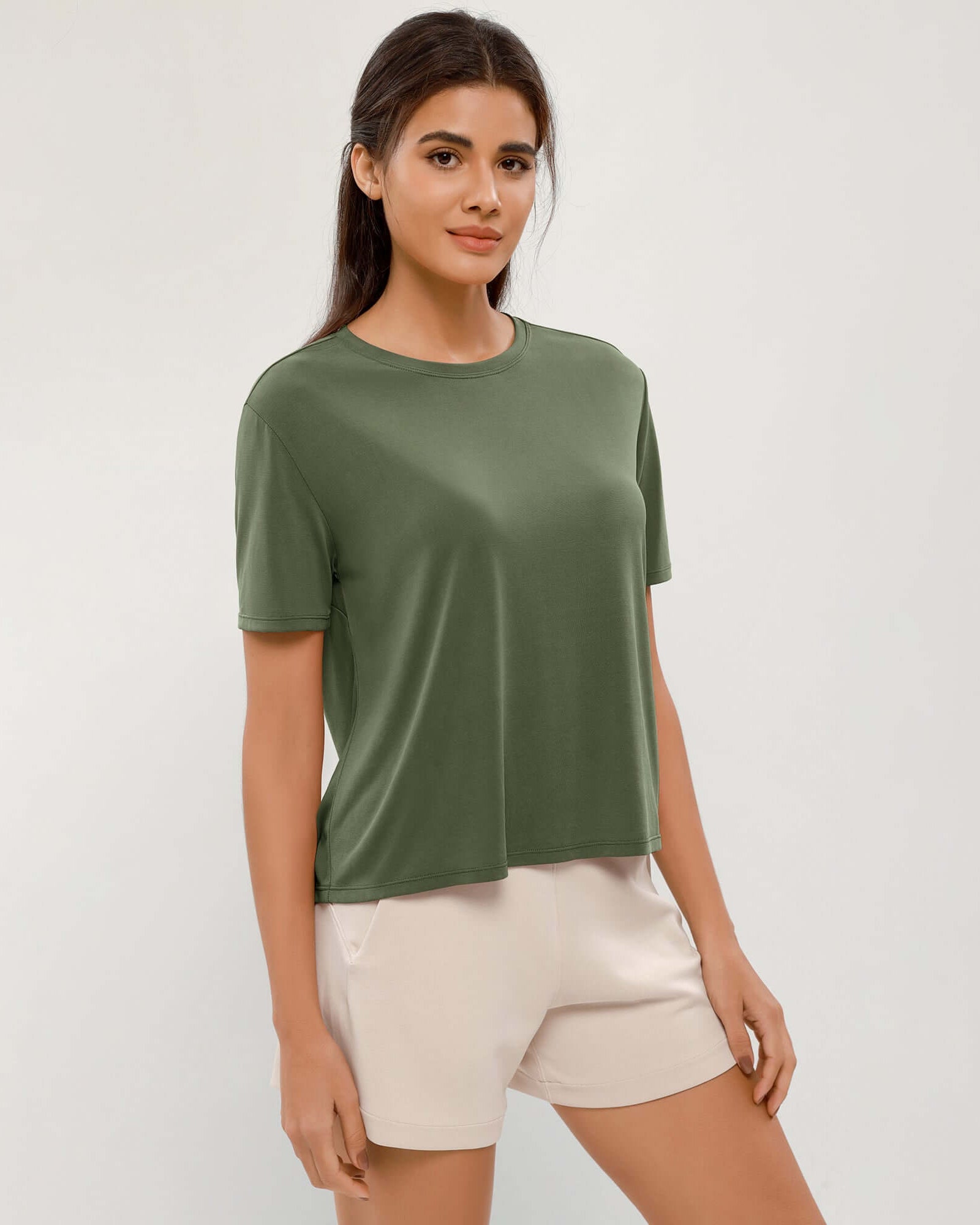 Modal Soft Crew Neck Short Sleeve Shirts Army Green - ododos