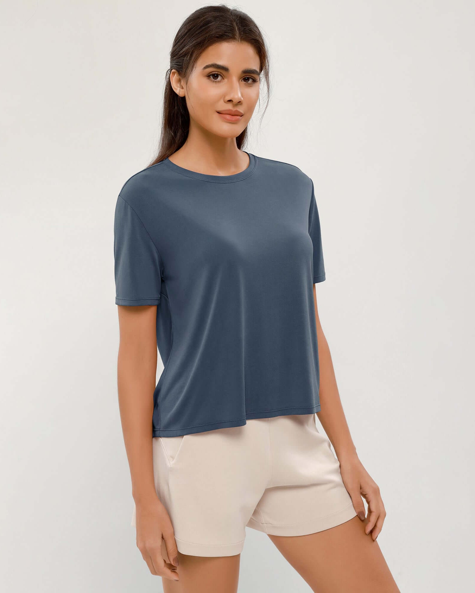 Modal Soft Crew Neck Short Sleeve Shirts Dark Blue - ododos