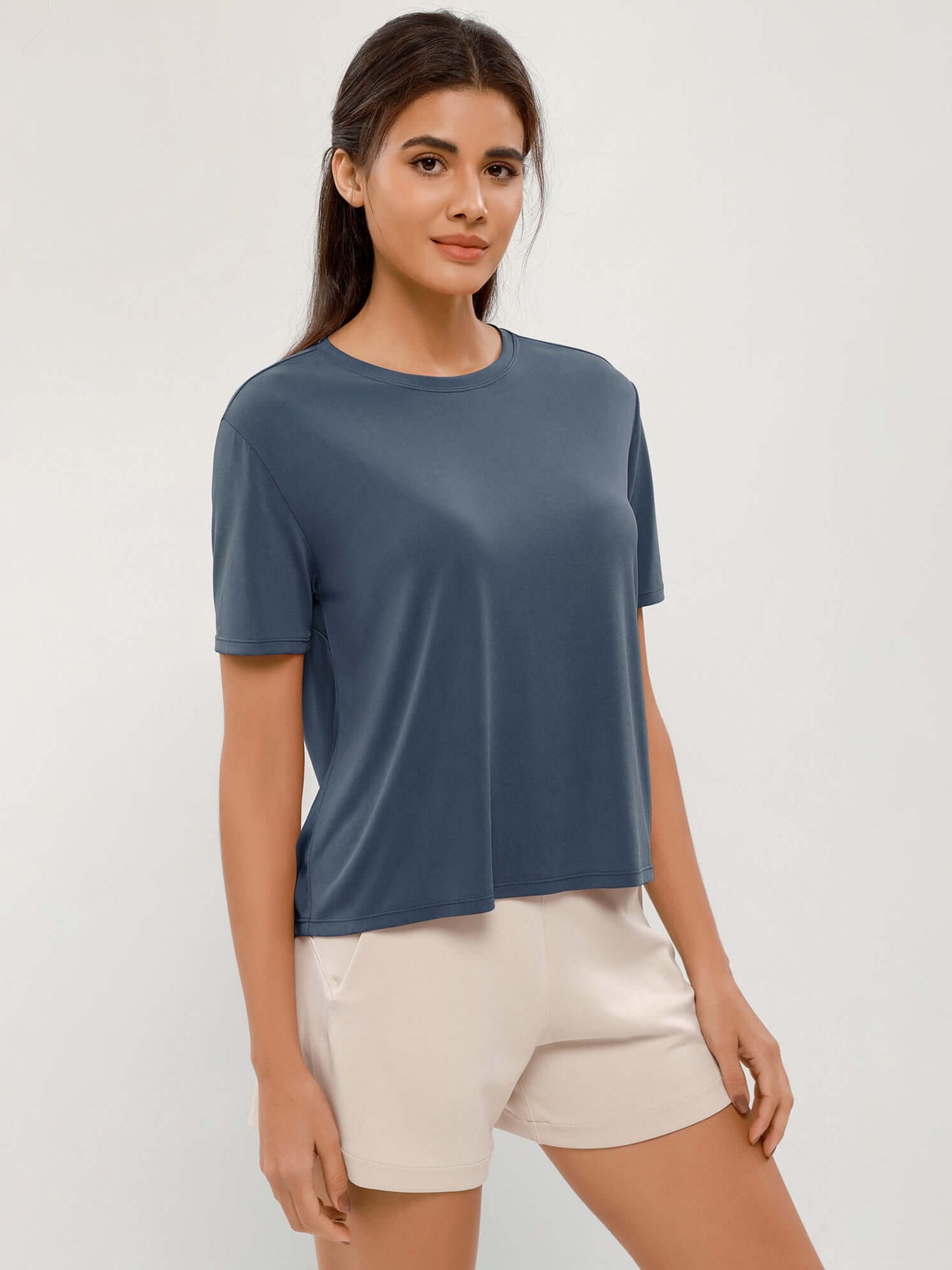 Modal Soft Crew Neck Short Sleeve Shirts Dark Blue - ododos