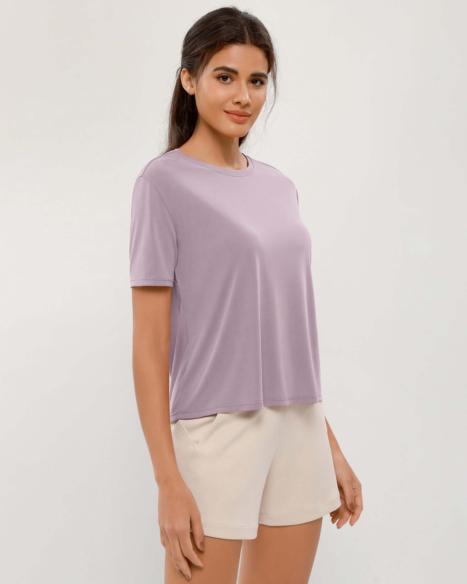 Modal Soft Crew Neck Short Sleeve Shirts Lavender - ododos