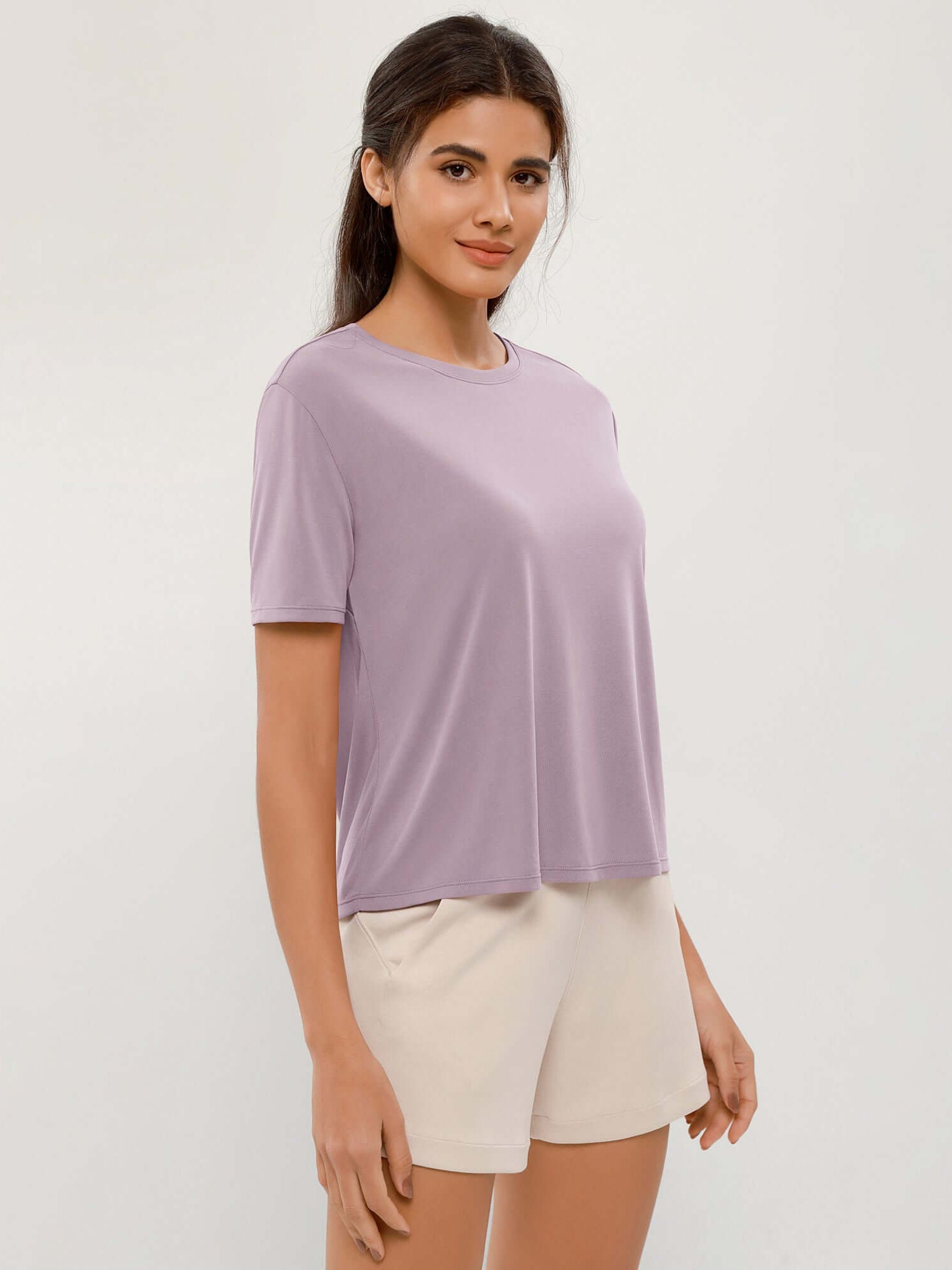 Modal Soft Crew Neck Short Sleeve Shirts Lavender - ododos