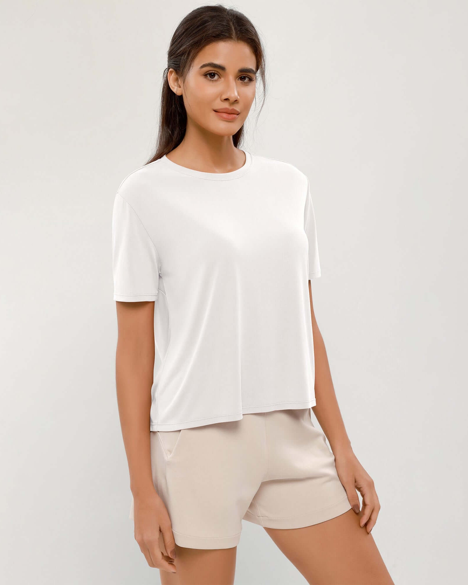 Modal Soft Crew Neck Short Sleeve Shirts White - ododos