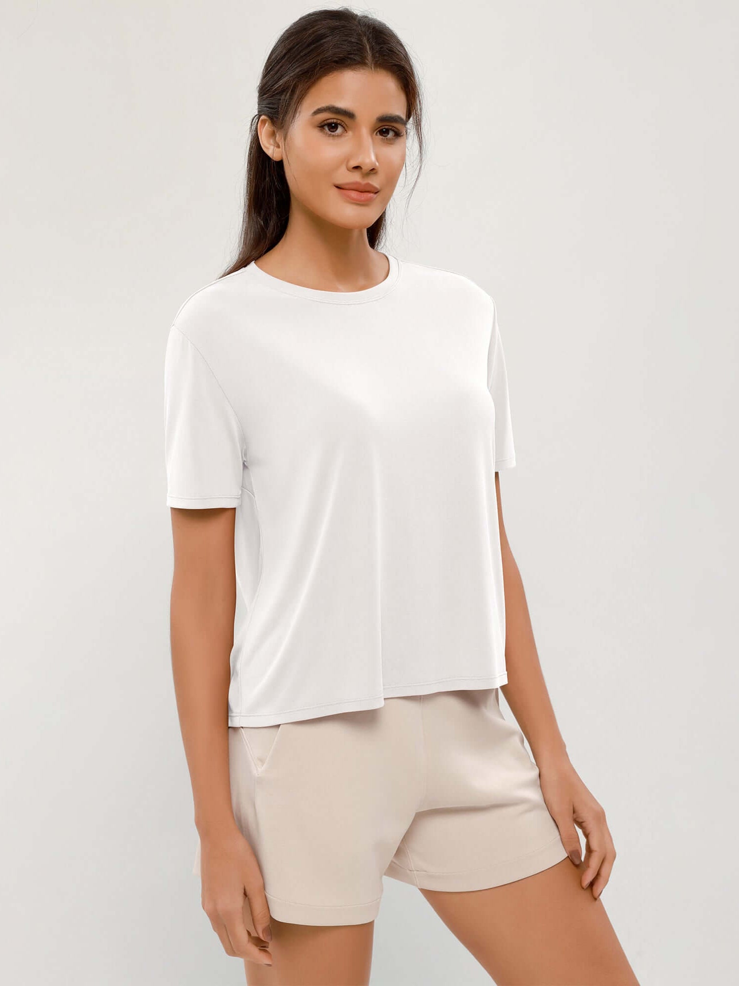 Modal Soft Crew Neck Short Sleeve Shirts White - ododos