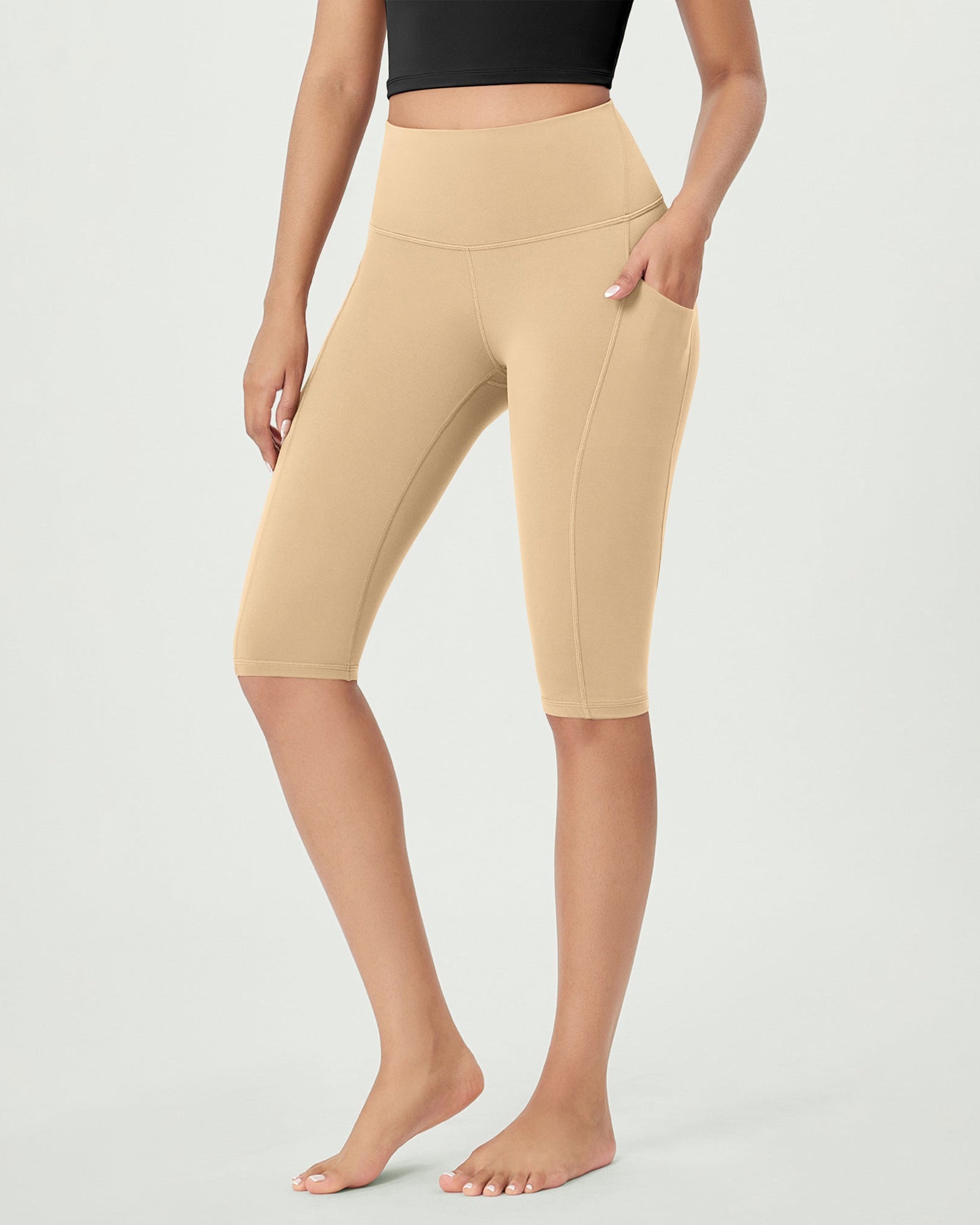 14 ODLEX High Waist Workout Yoga Capri Leggings with Pockets Beige - ododos