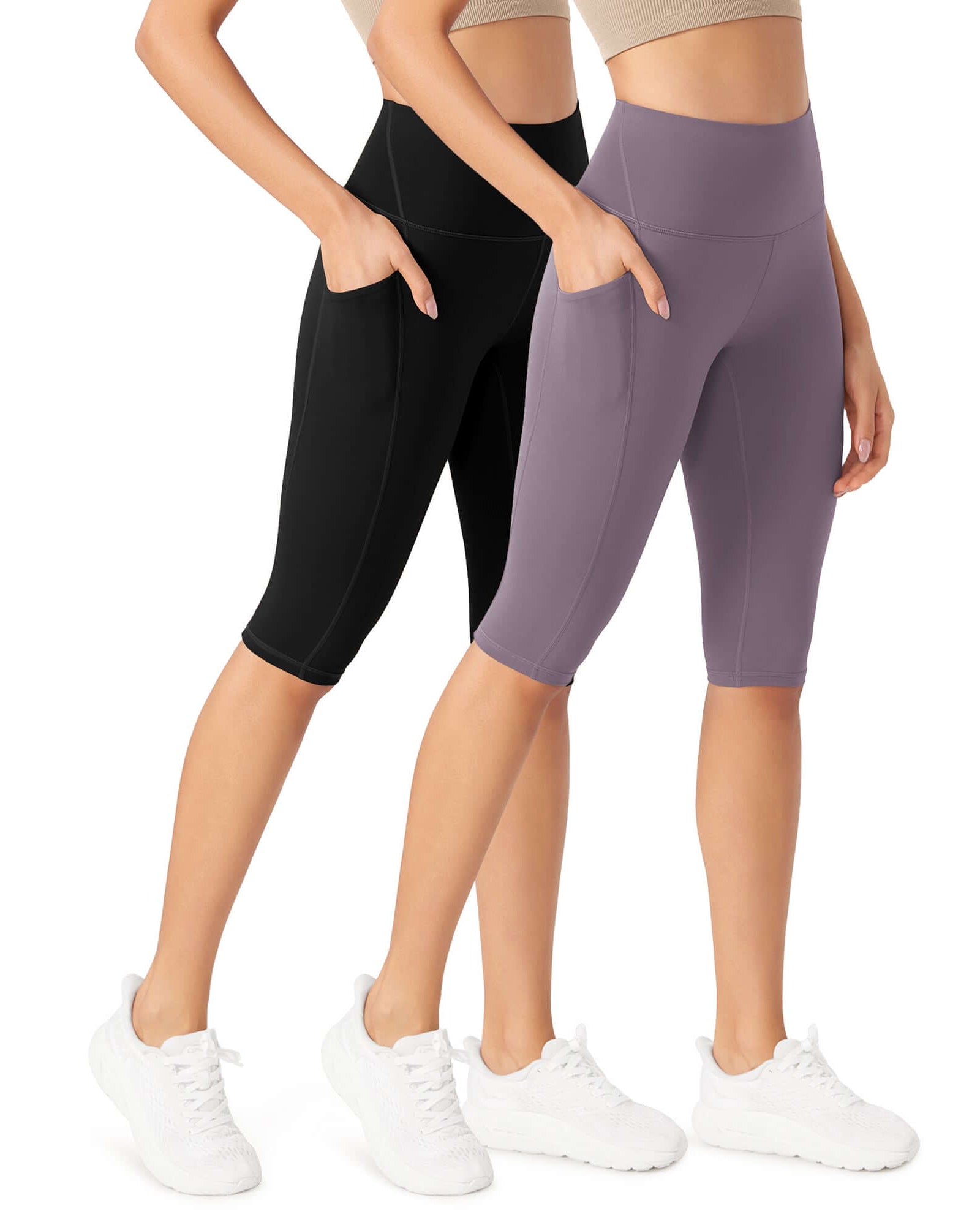 ODLEX 2-Pack 14 High Waist Workout Capris with Pockets Black+Ash Violet - ododos