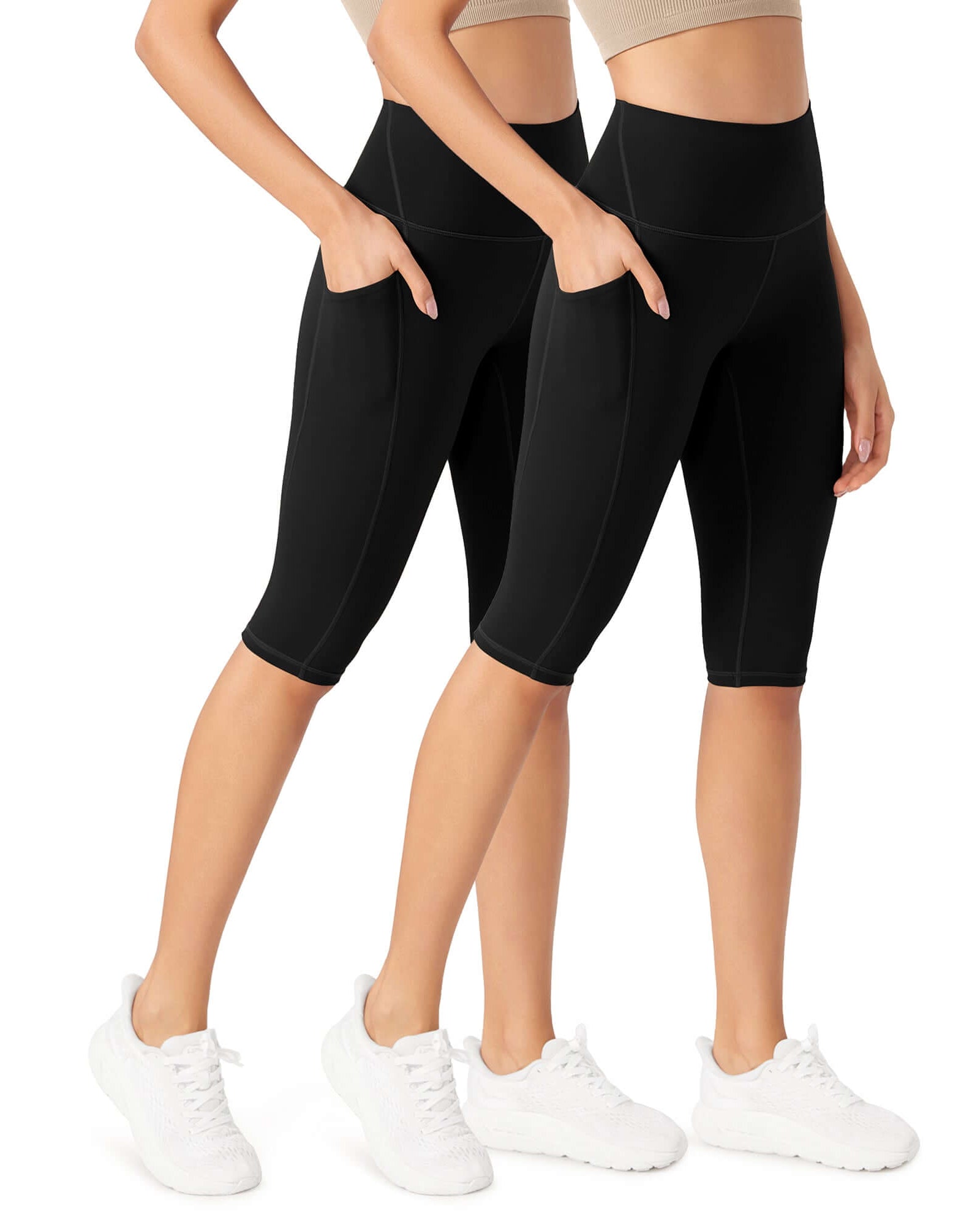 ODLEX 2-Pack 14 High Waist Workout Capris with Pockets Black+Black - ododos
