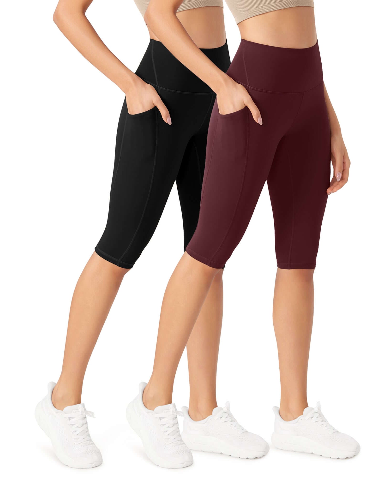 ODLEX 2-Pack 14 High Waist Workout Capris with Pockets Black+Burgundy - ododos