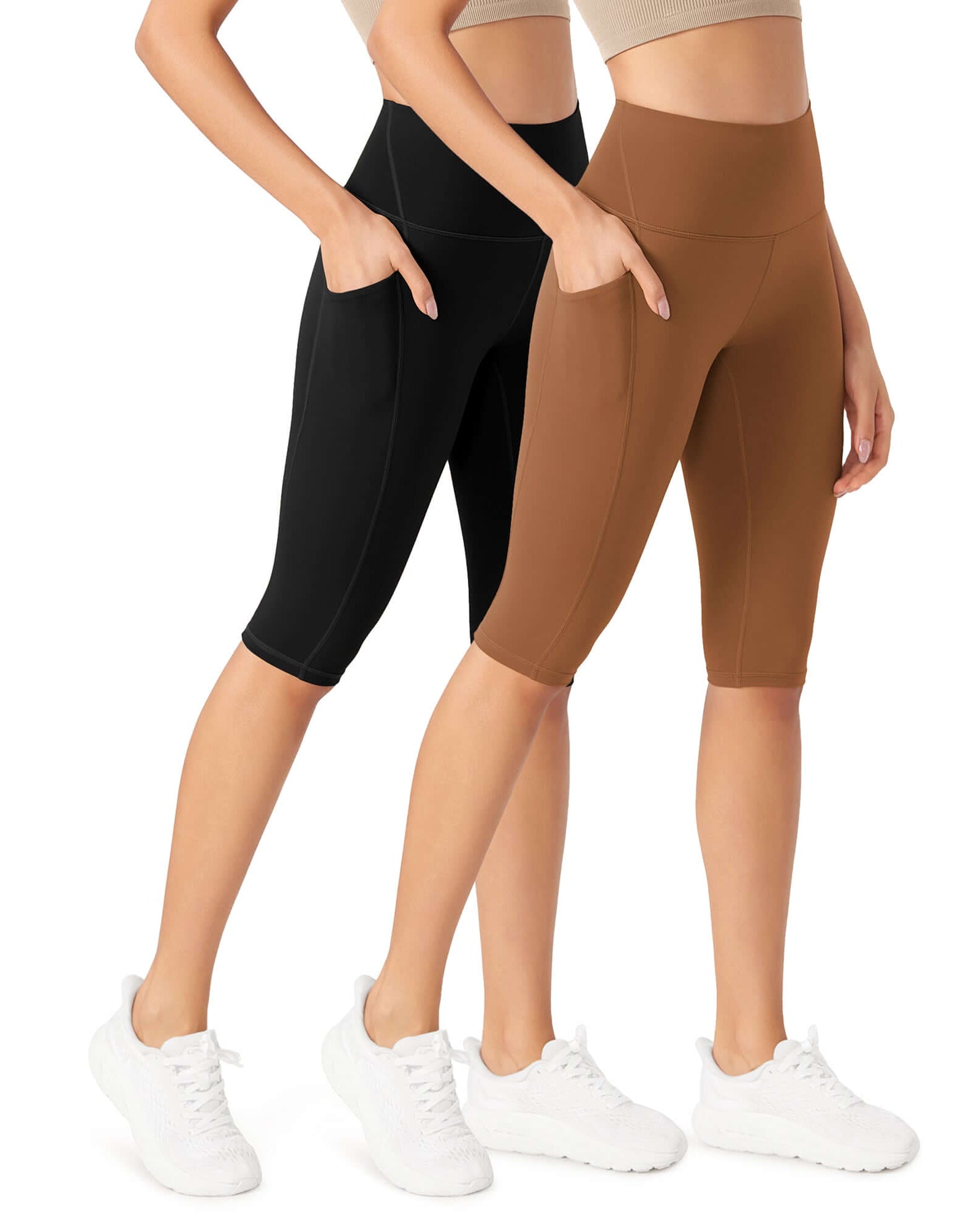 ODLEX 2-Pack 14 High Waist Workout Capris with Pockets Black+Caramel - ododos