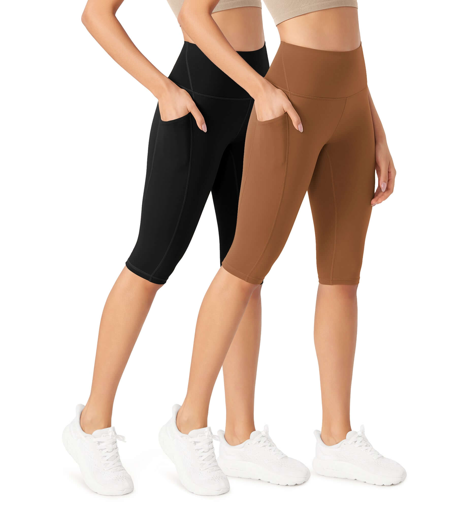 ODLEX 2-Pack 14 High Waist Workout Capris with Pockets Black+Caramel - ododos