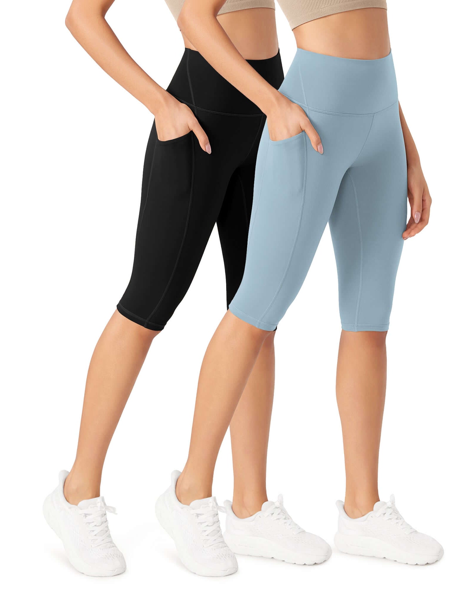 ODLEX 2-Pack 14 High Waist Workout Capris with Pockets Black+Chambray - ododos