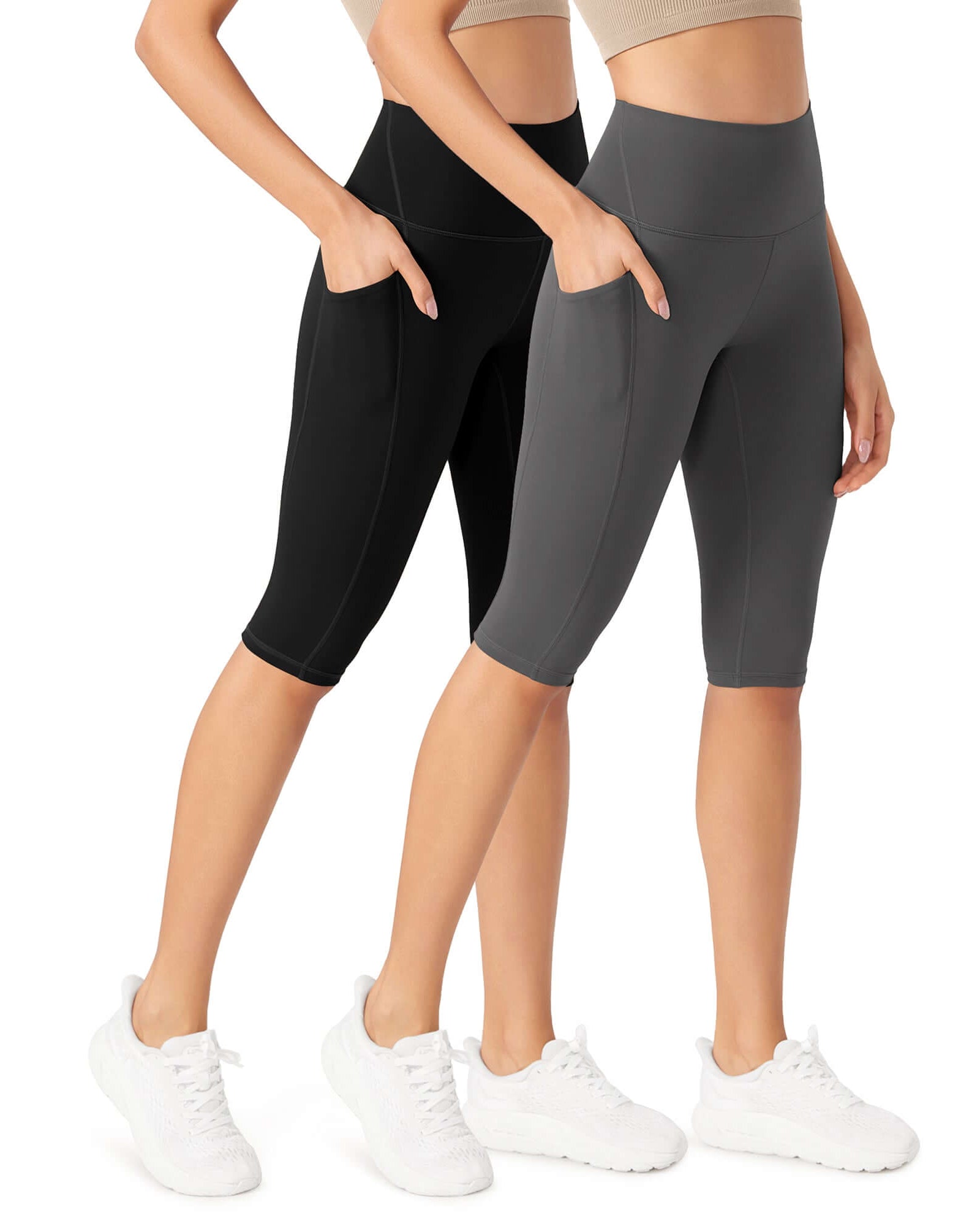 ODLEX 2-Pack 14 High Waist Workout Capris with Pockets Black+Charcoal - ododos