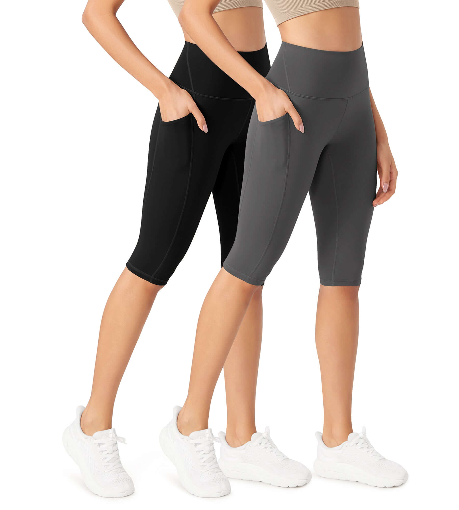 ODLEX 2-Pack 14 High Waist Workout Capris with Pockets Black+Charcoal - ododos