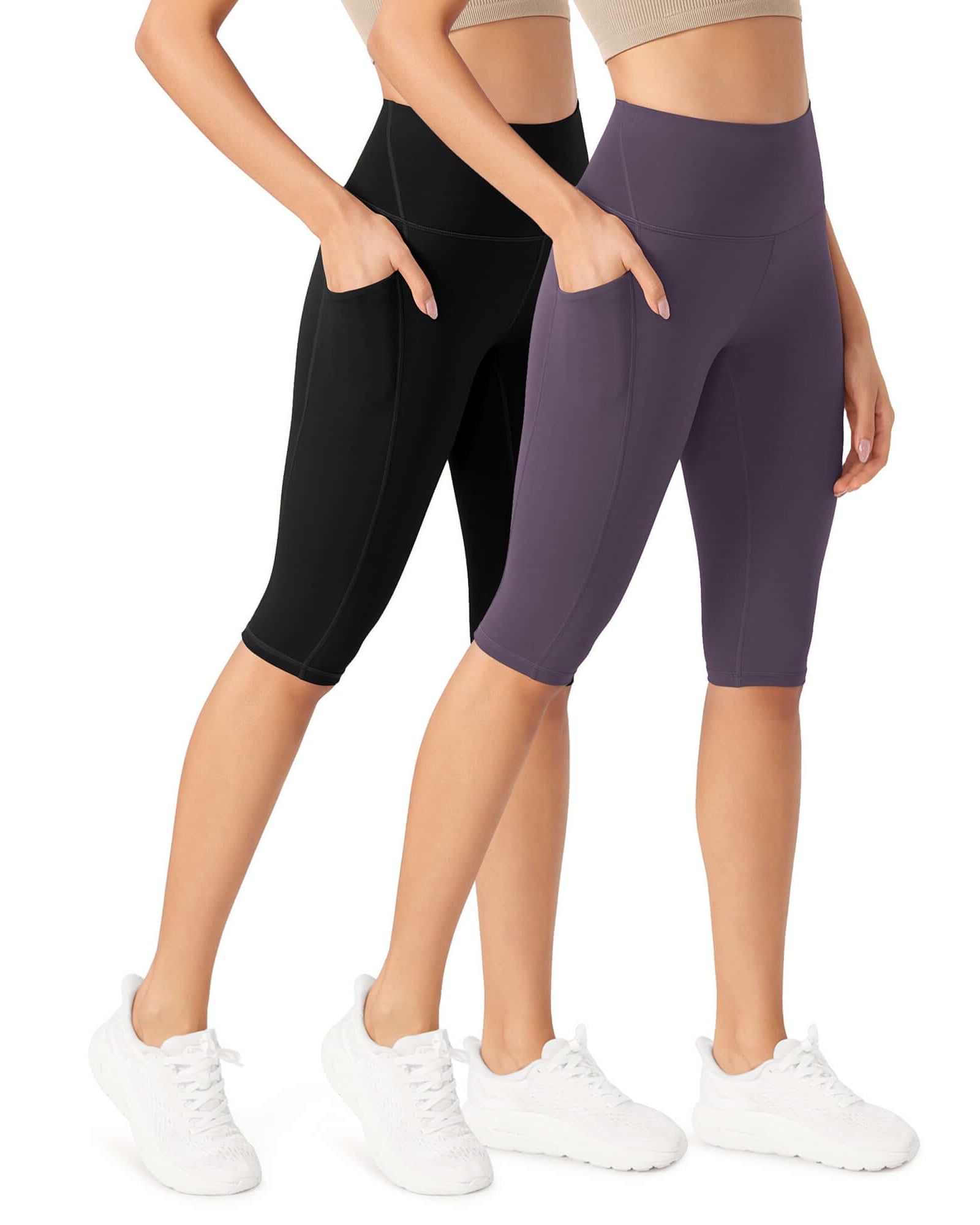 ODLEX 2-Pack 14 High Waist Workout Capris with Pockets Black+Dark Purple - ododos