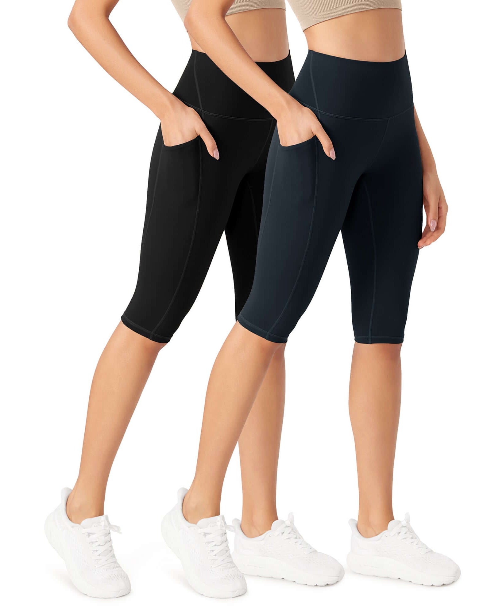 ODLEX 2-Pack 14 High Waist Workout Capris with Pockets Black+Deep Navy - ododos