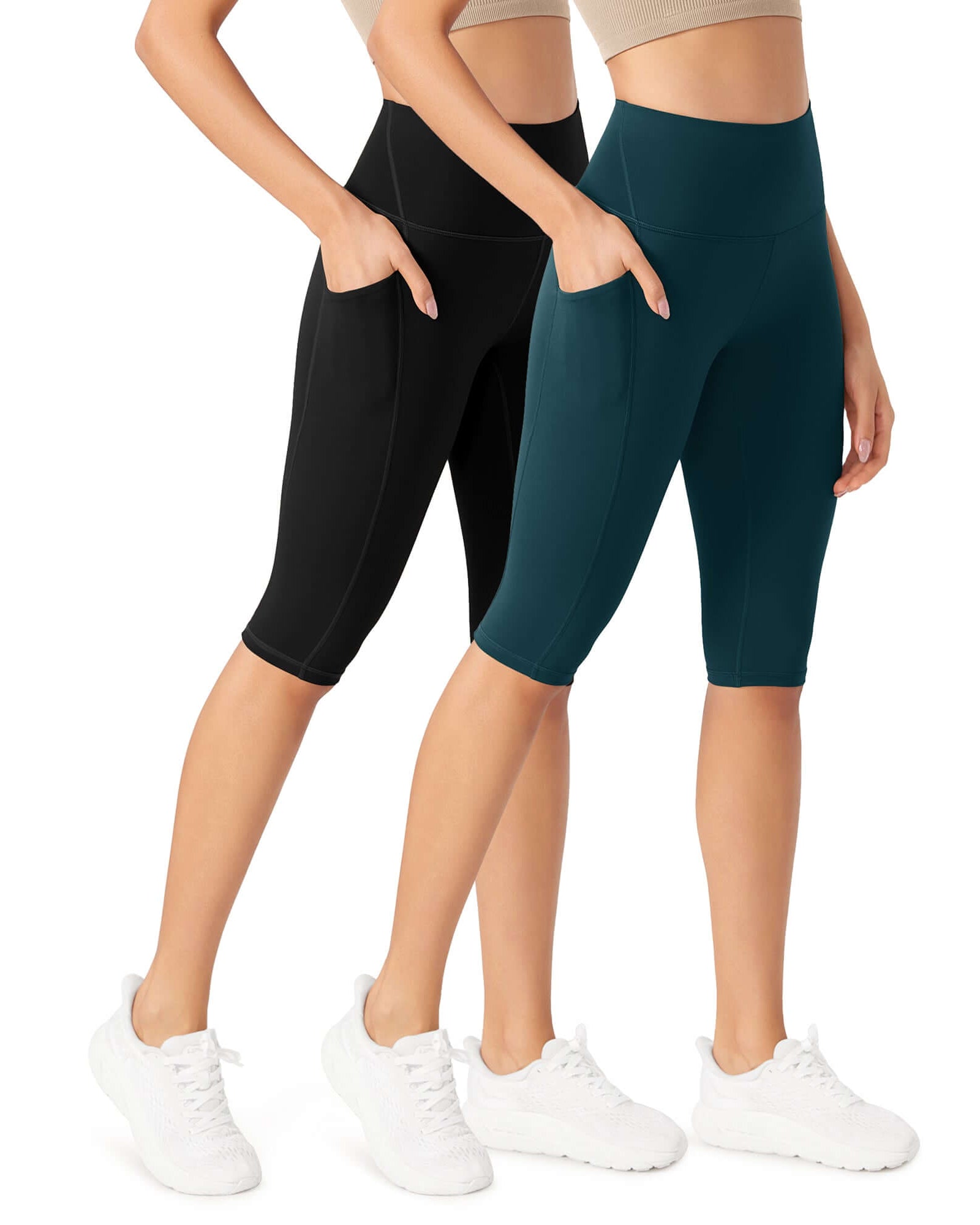 ODLEX 2-Pack 14 High Waist Workout Capris with Pockets Black+Forest Teal - ododos