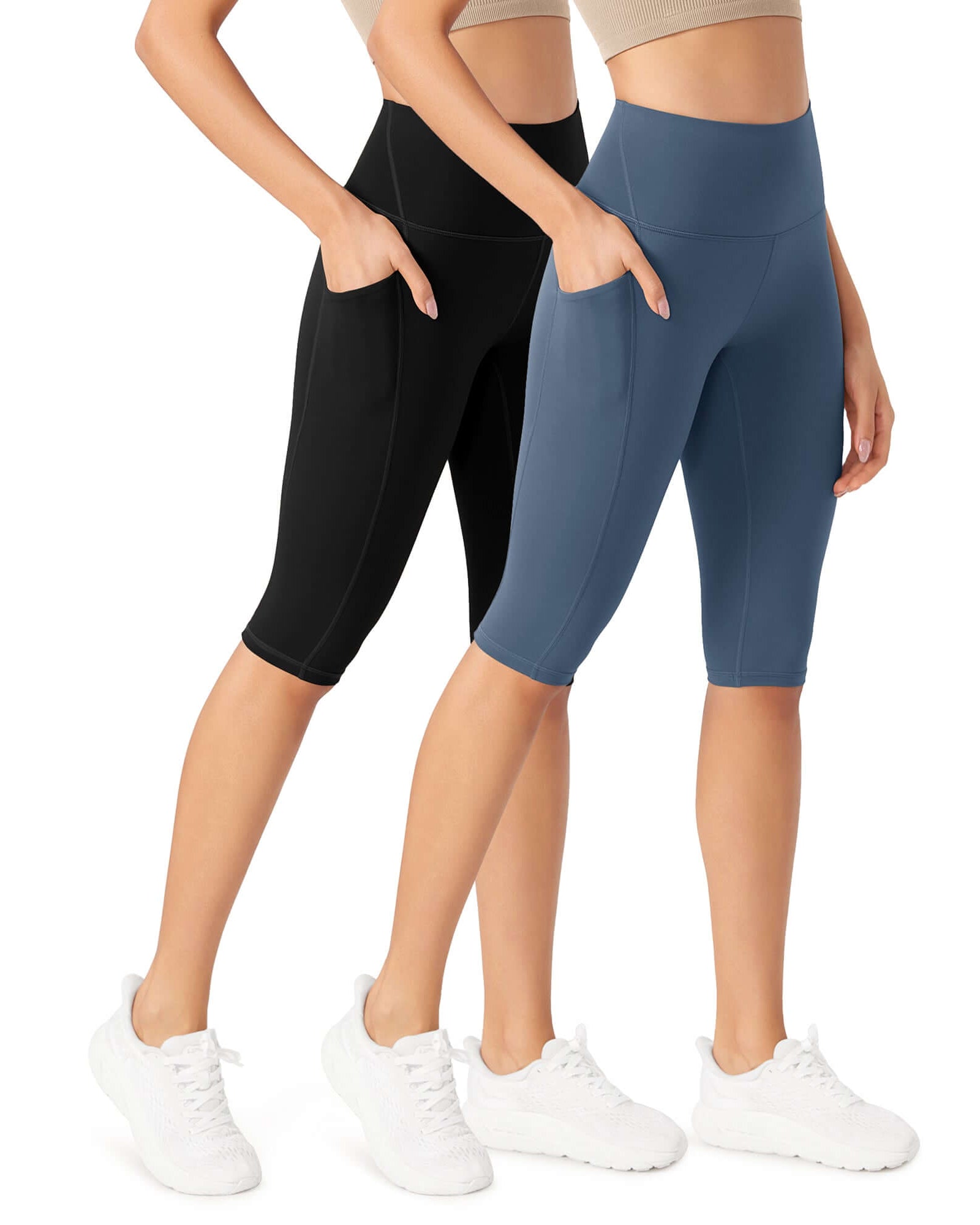 ODLEX 2-Pack 14 High Waist Workout Capris with Pockets Black+Ink Blue - ododos