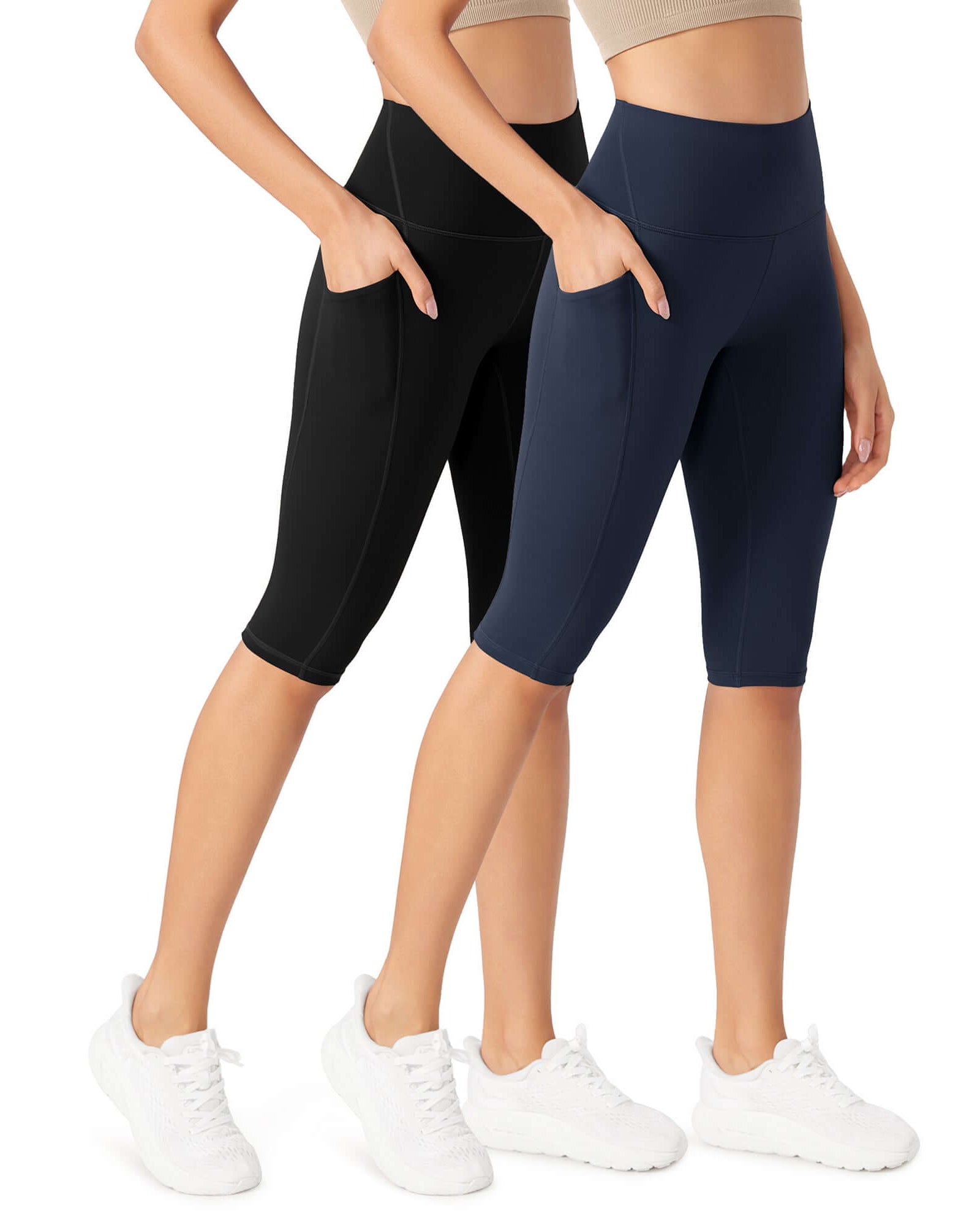 ODLEX 2-Pack 14 High Waist Workout Capris with Pockets Black+Navy - ododos