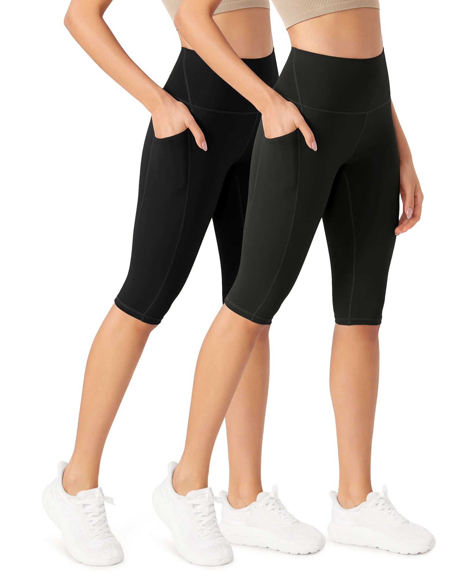 ODLEX 2-Pack 14 High Waist Workout Capris with Pockets Black+Onyx Black - ododos