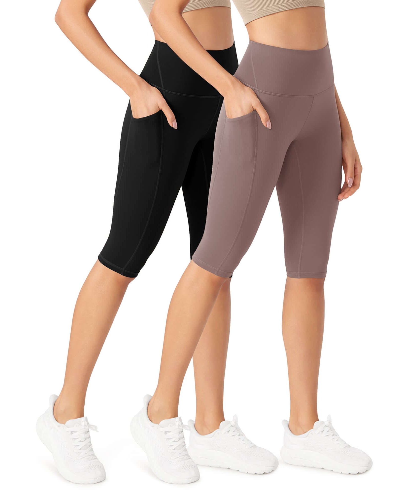 ODLEX 2-Pack 14 High Waist Workout Capris with Pockets Black+Purple Taupe - ododos
