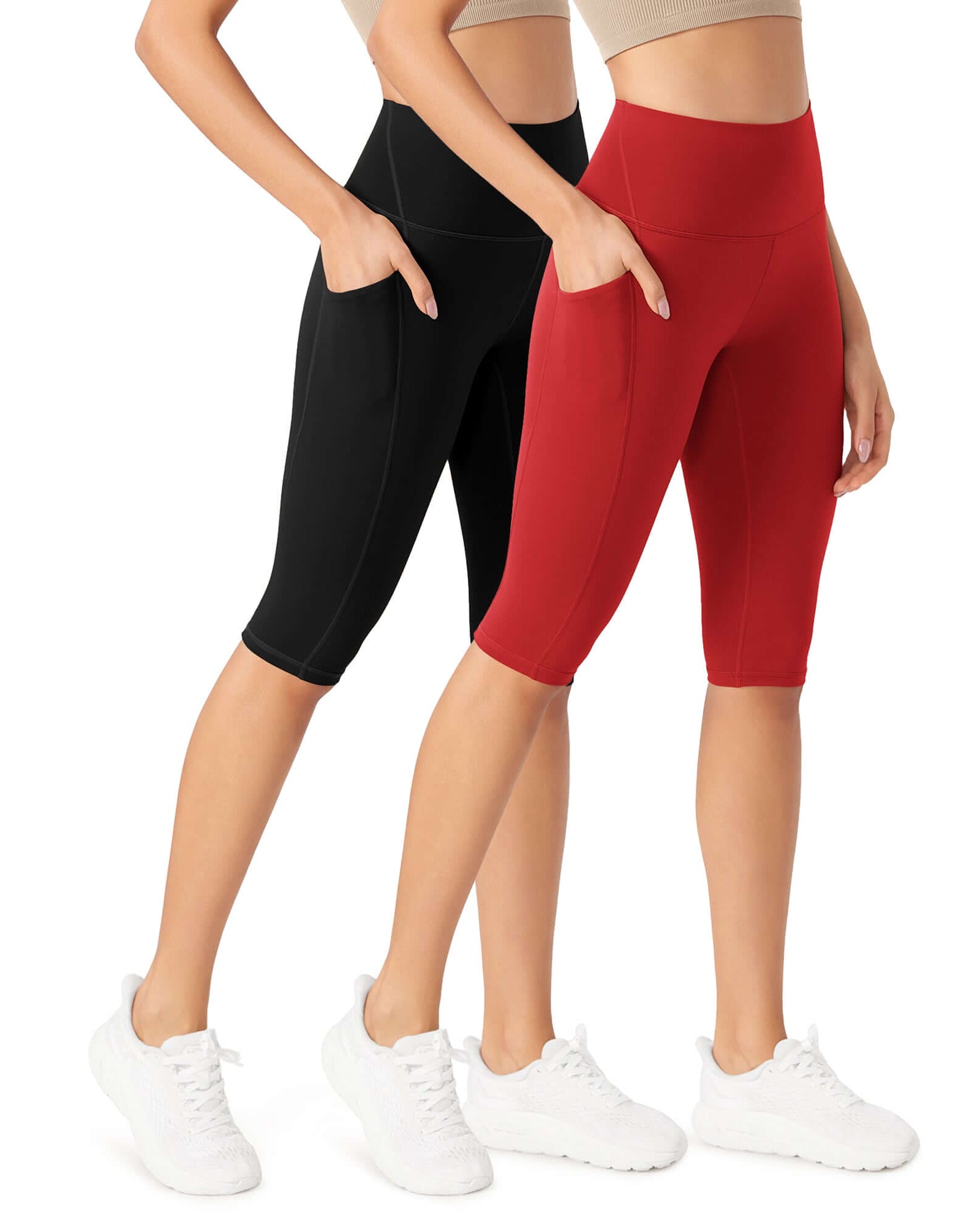 ODLEX 2-Pack 14 High Waist Workout Capris with Pockets Black+Red - ododos