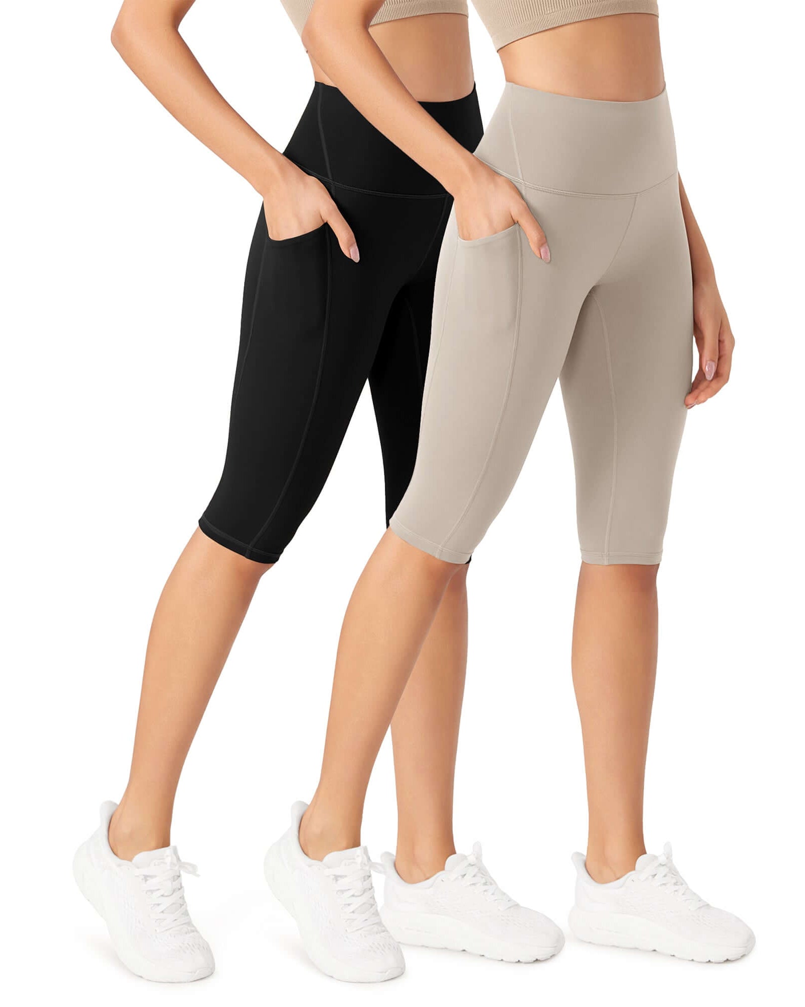 ODLEX 2-Pack 14 High Waist Workout Capris with Pockets Black+Taupe - ododos