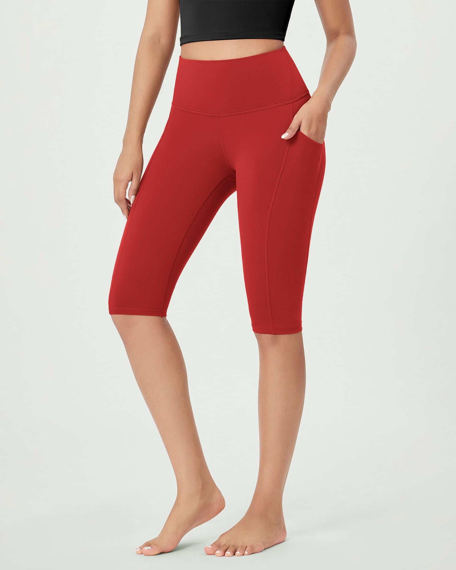 14 ODLEX High Waist Workout Yoga Capri Leggings with Pockets Red - ododos