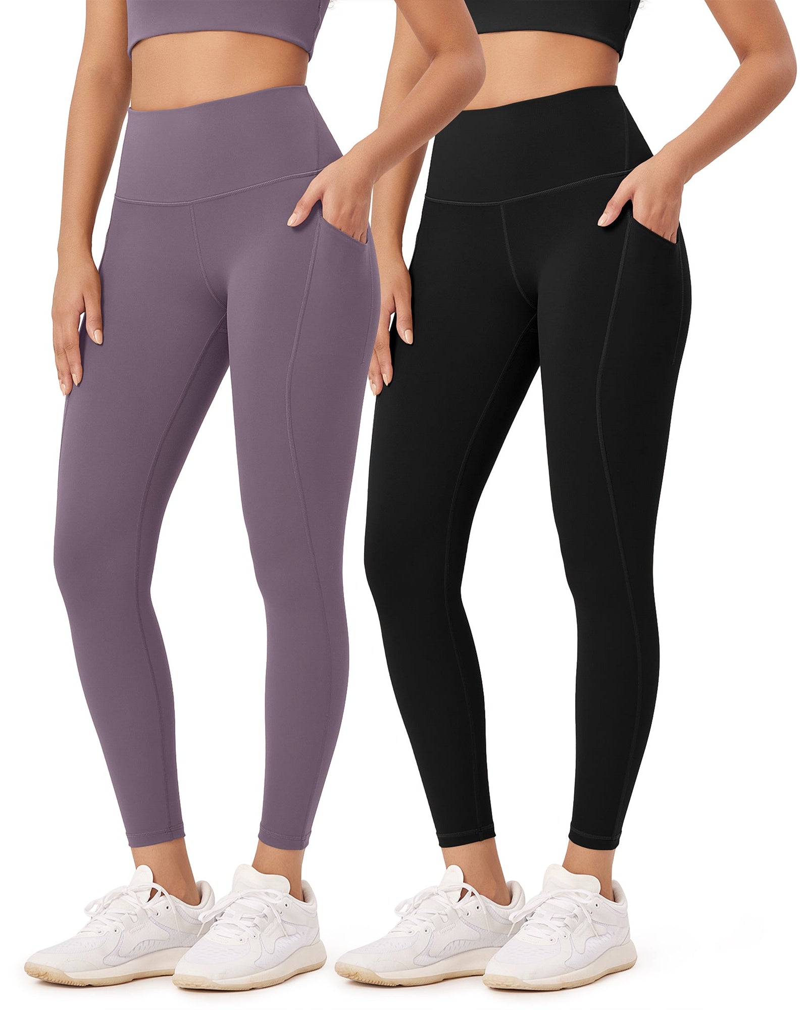 2-Pack 25�High Waist Workout Leggings with Pockets Black+Ash Violet - ododos