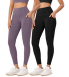 2-Pack 25�High Waist Workout Leggings with Pockets Black+Ash Violet - ododos